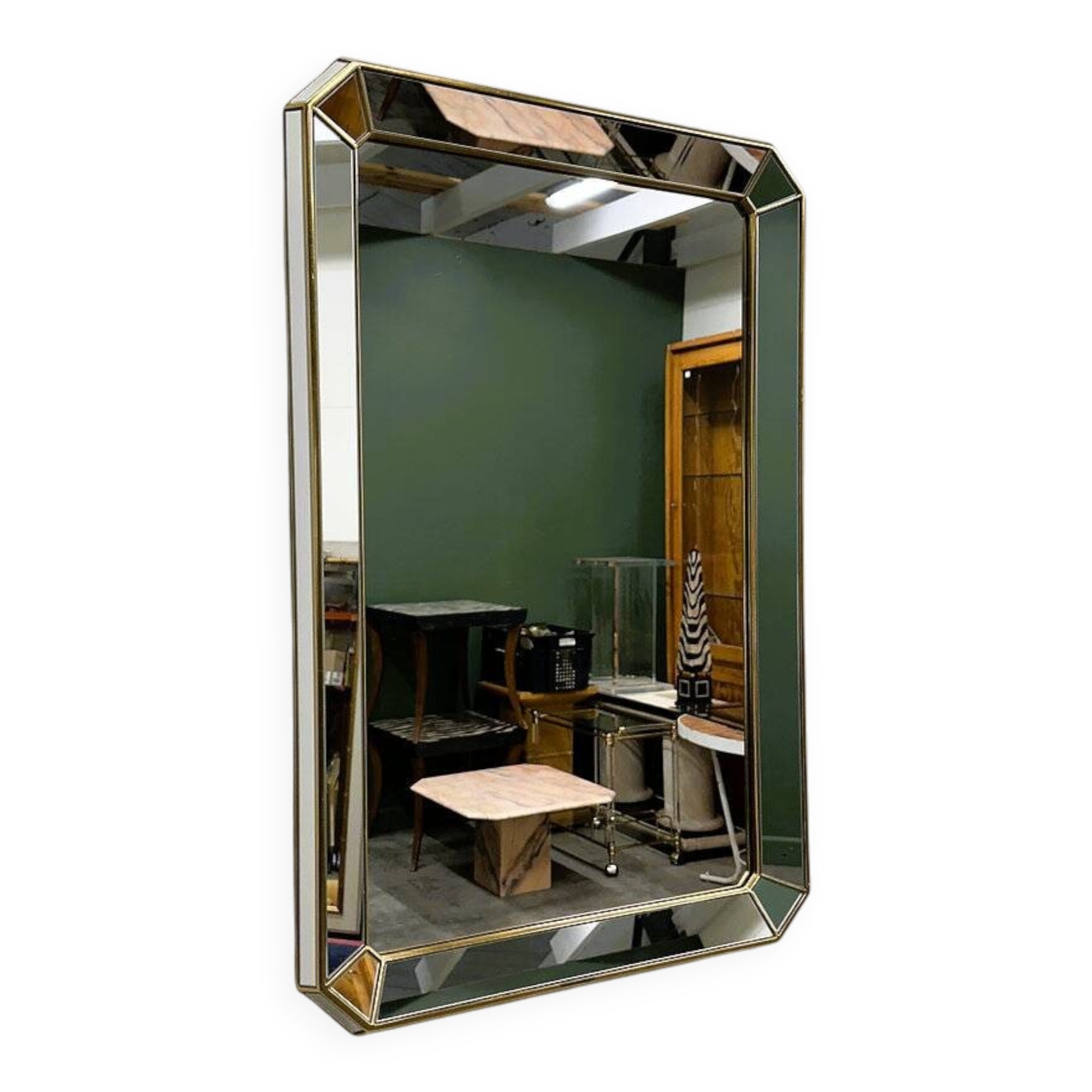 Miroir rectangulaire biseauté De Knudt avec cadre en laiton, Belgique, années 1980