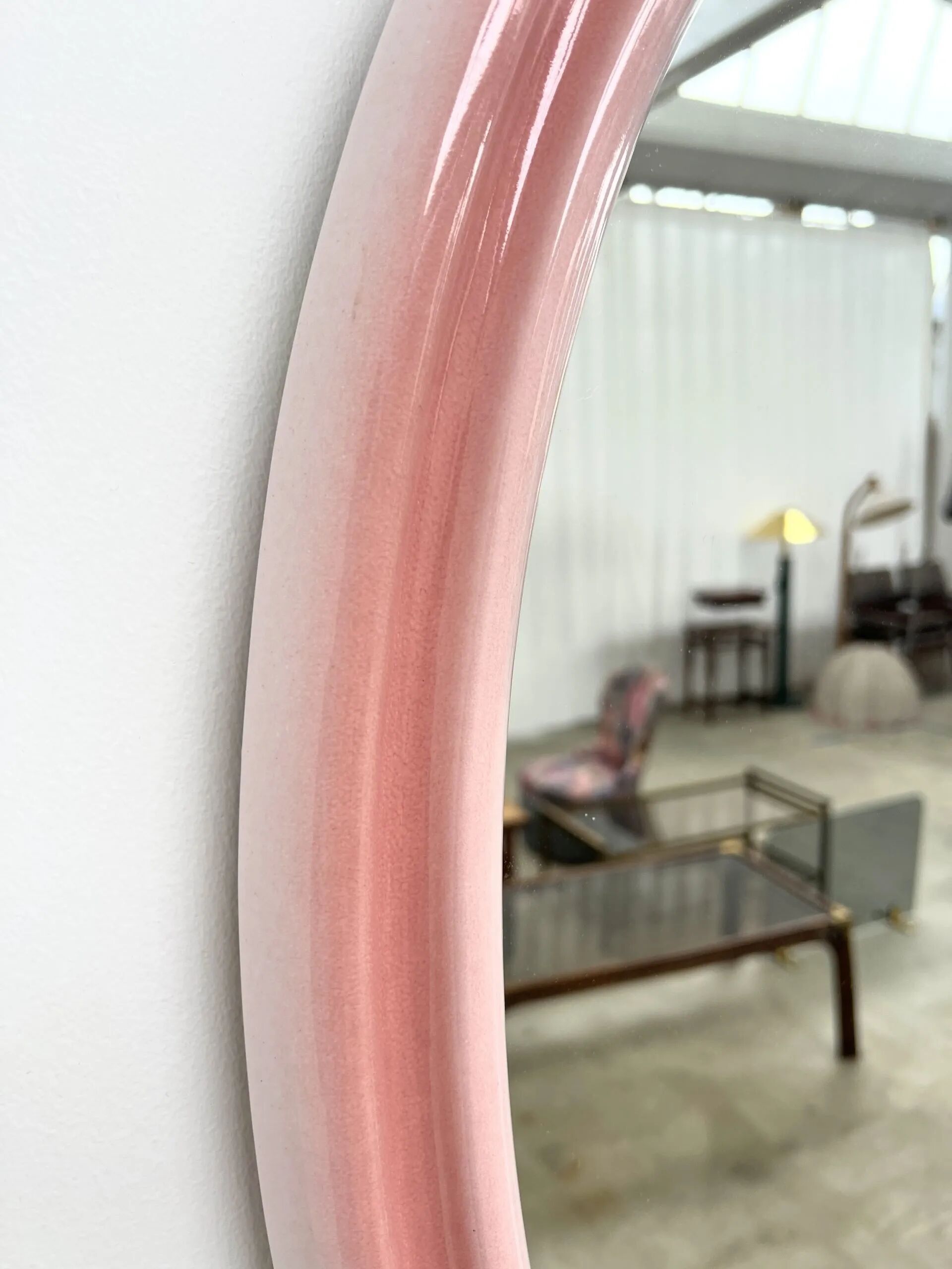 Large oval pink ceramic mirror (76cm) – vintage Italian design