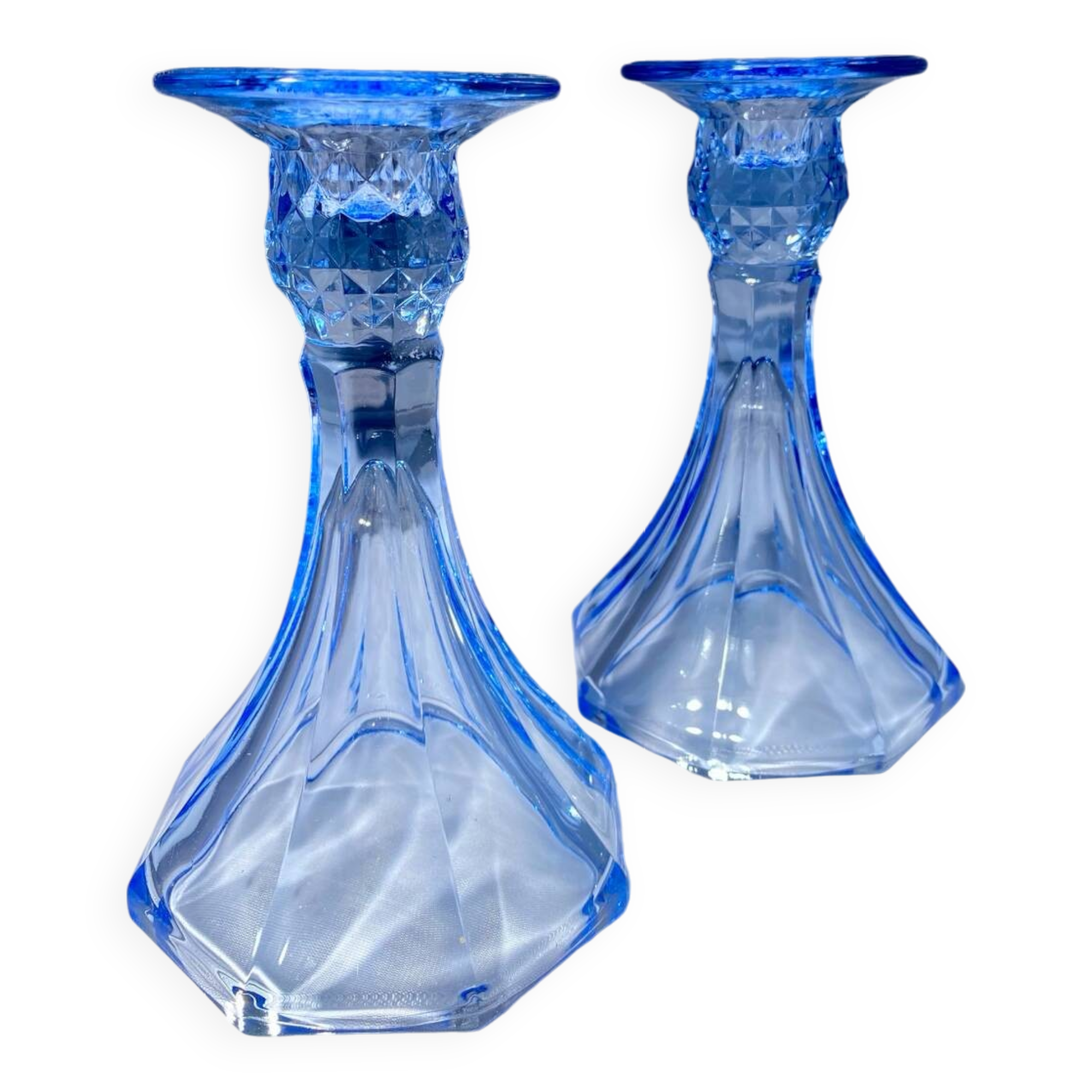 Pair of Jamestown blue Virginia candlesticks or vases by Fostori