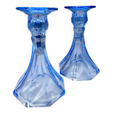 Pair of Jamestown blue Virginia candlesticks or vases by Fostori