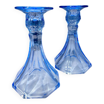 Pair of Jamestown blue Virginia candlesticks or vases by Fostori