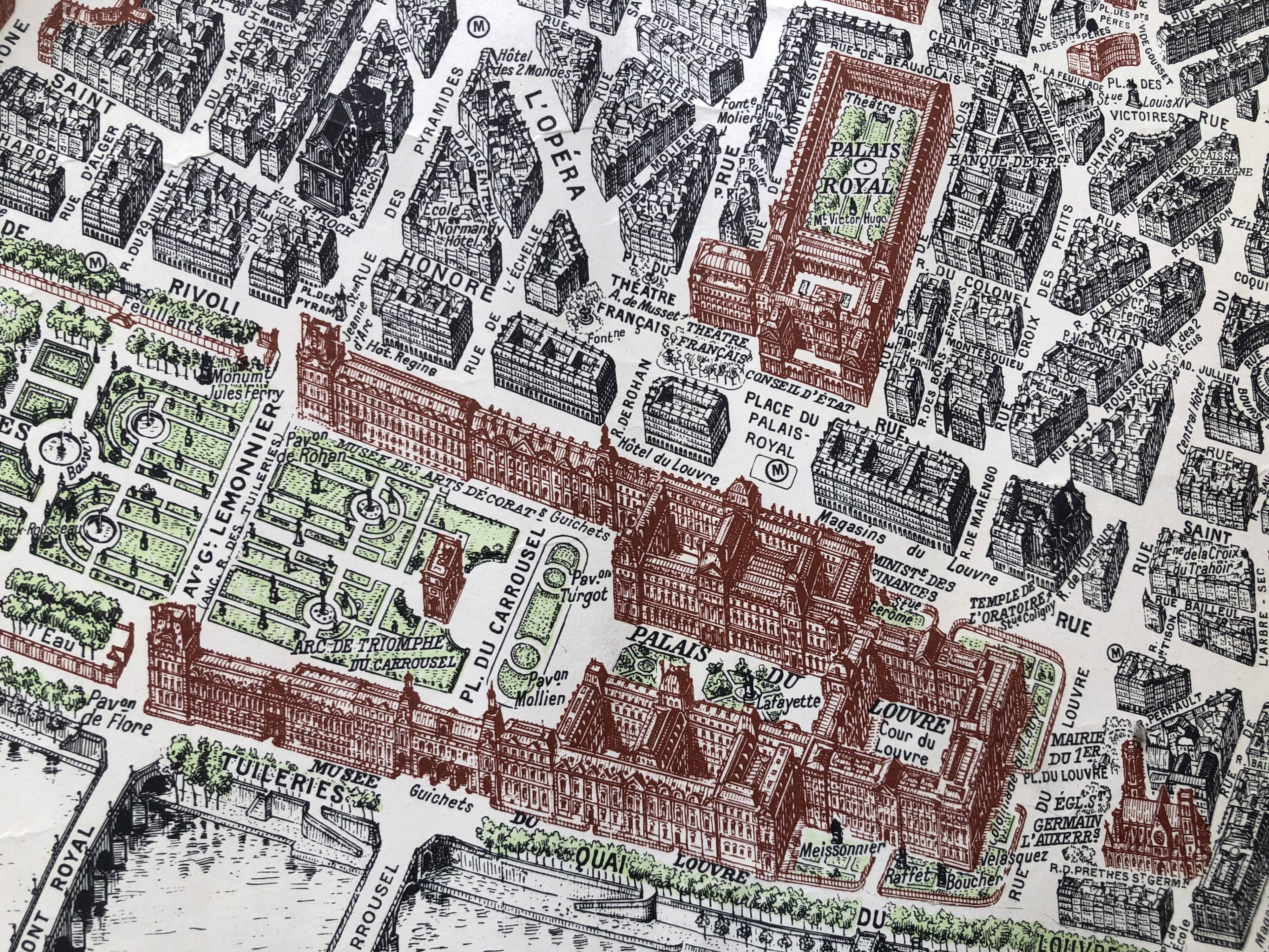 1959 map view of the center of paris from a bird's eye, n° 63 blondel la rougery, tourism commission