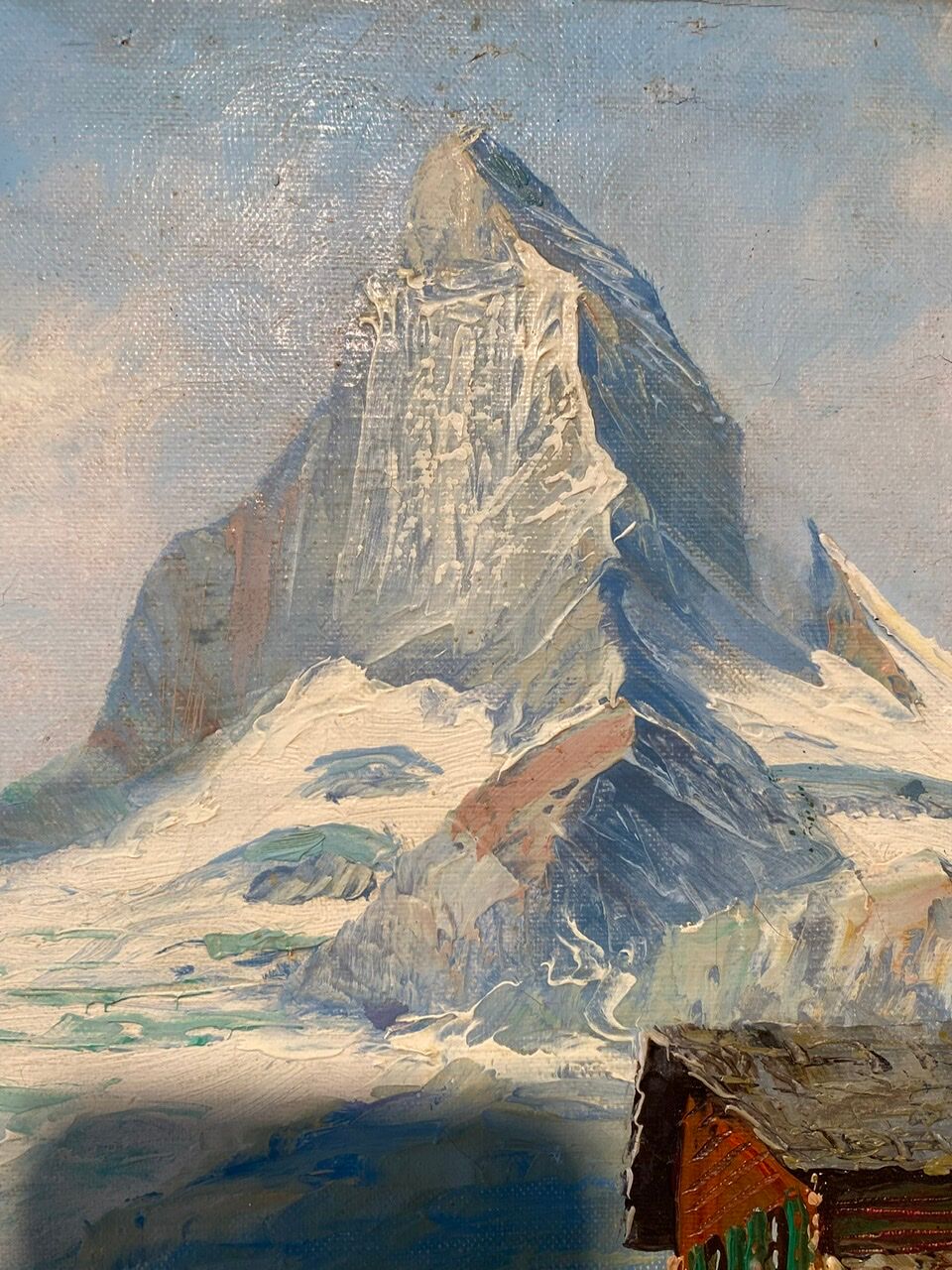 Old painting, Swiss mountain landscape signed H Herzer, mid-XX century