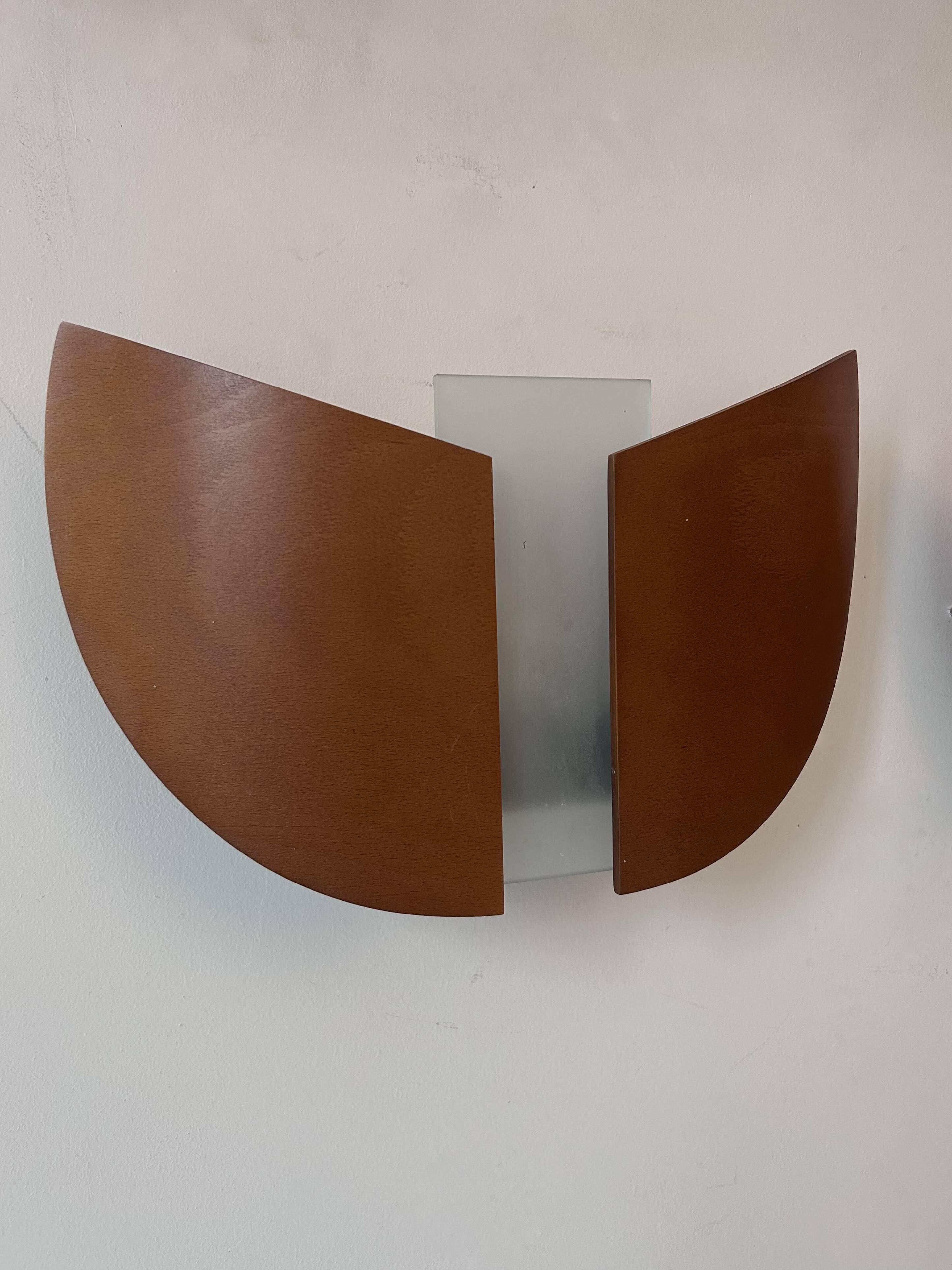 Pair of vintage thermoformed wood and sandblasted glass wall lights, France, 1980