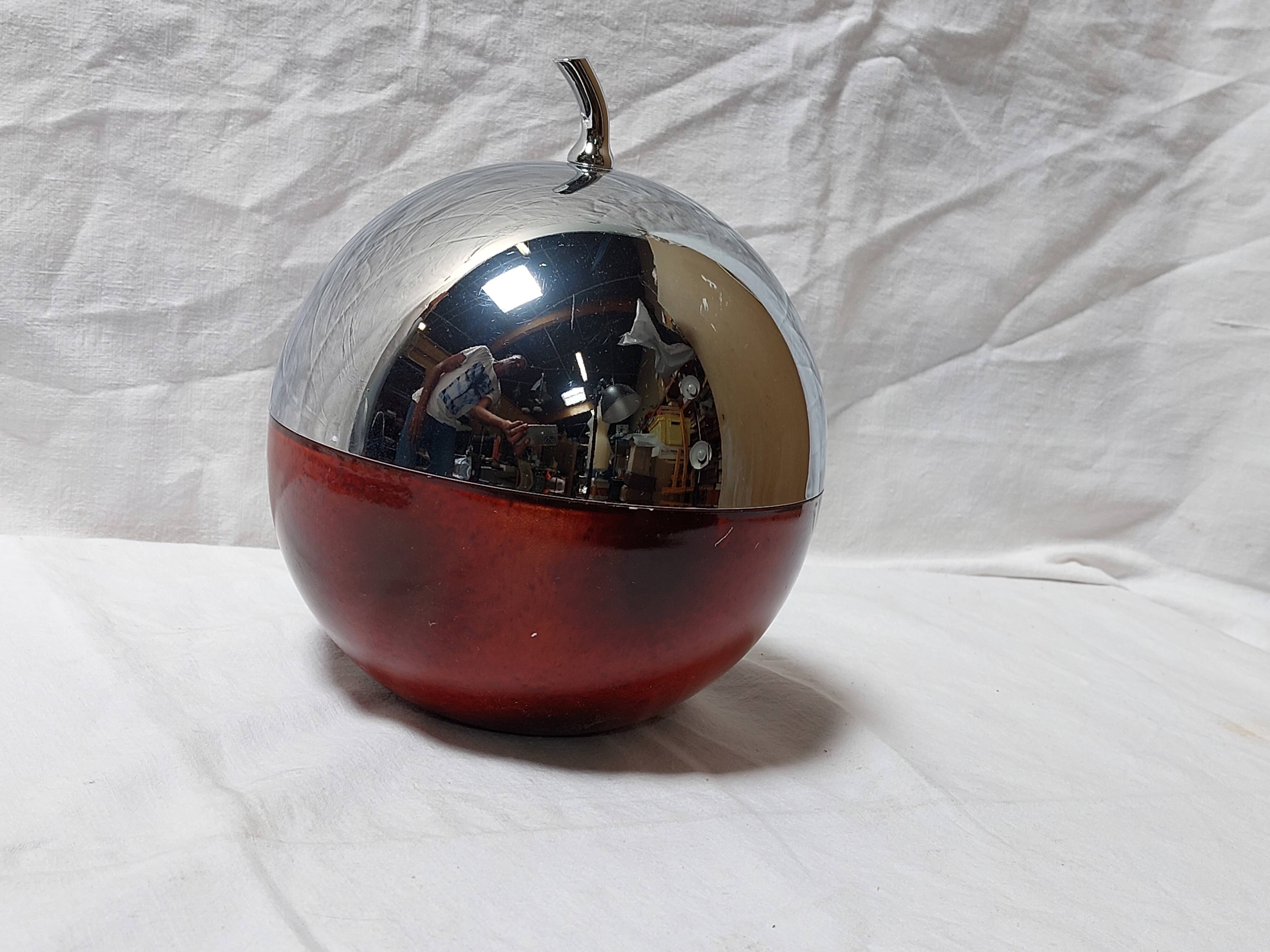 Ice bucket in the shape of an apple, chrome metal and red Bakelite, France, 70s