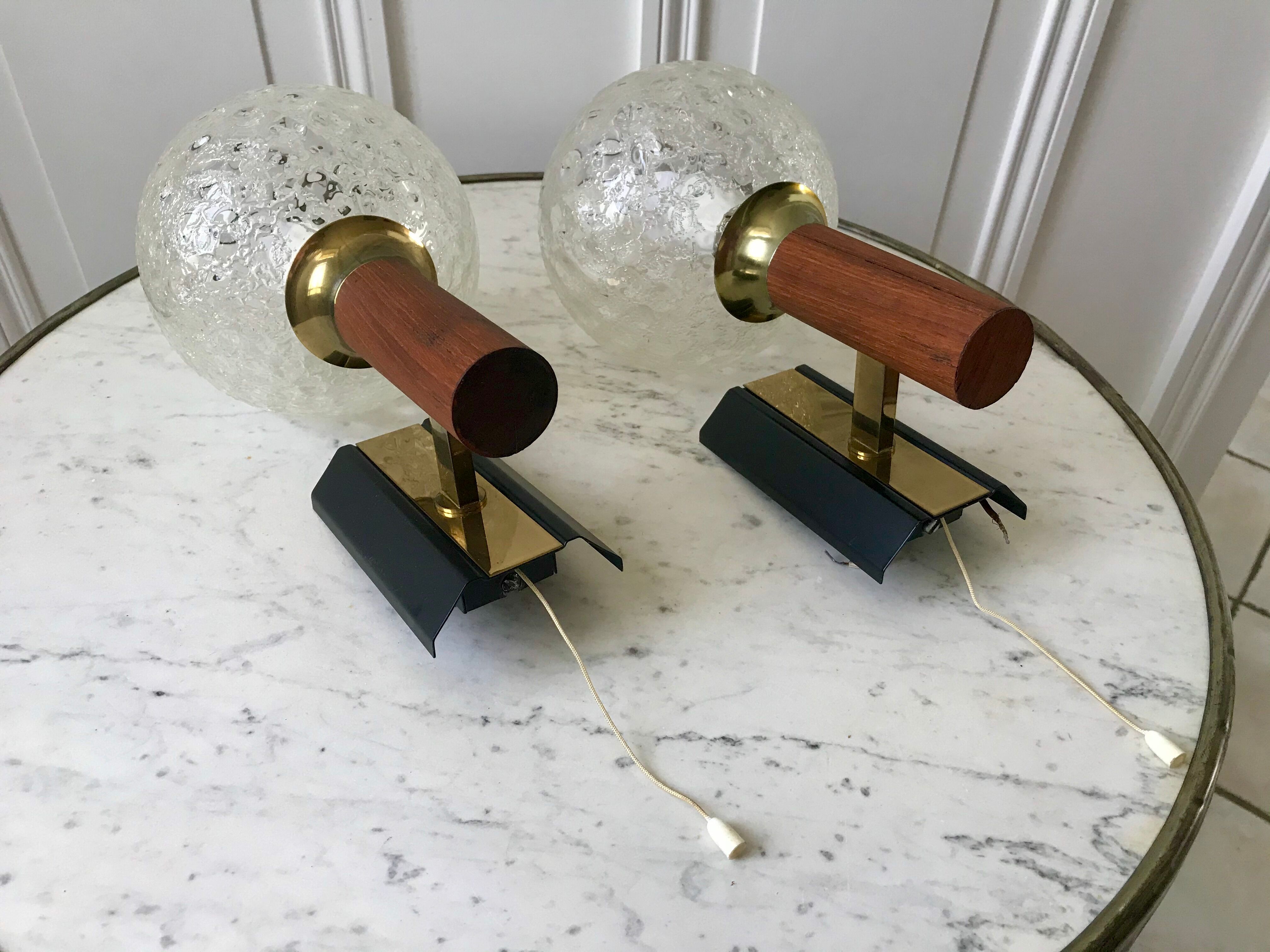 Pair of wall sconces balls in blown glass, metal and teak style 50s