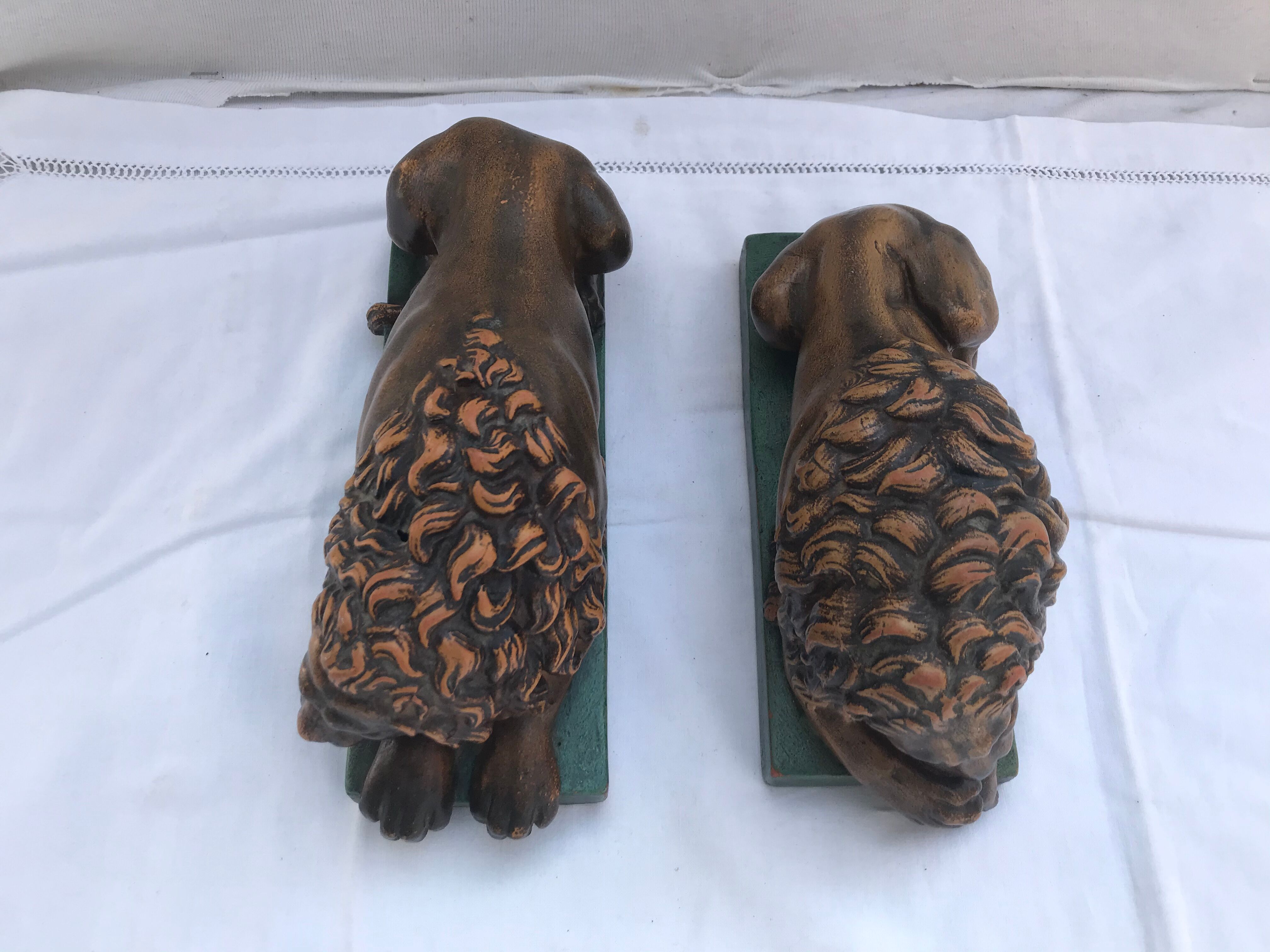 Pair old greenhouse books lions terracotta painted vintage decoration