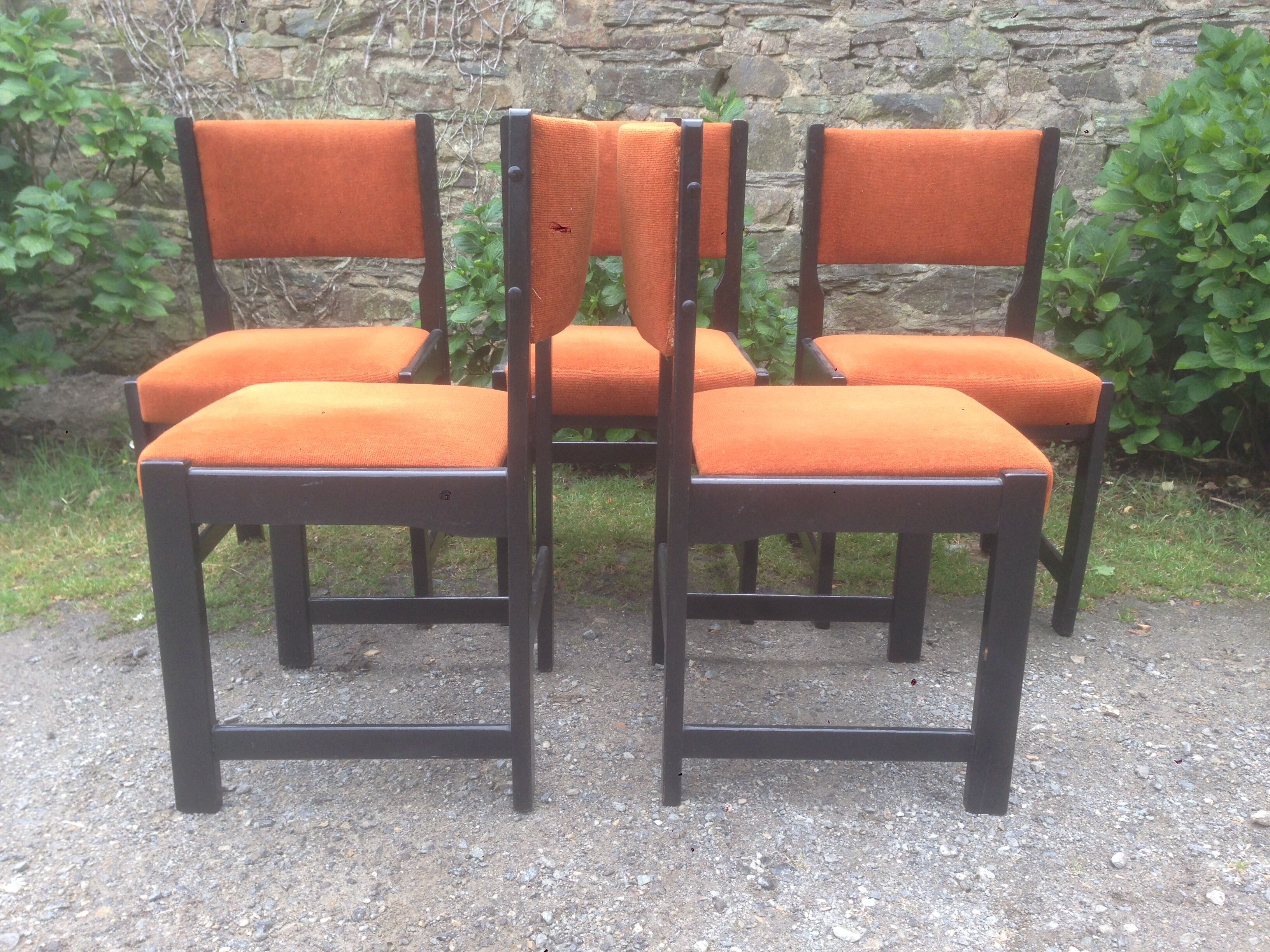 Series of 6 vintage chairs in orange fabric and black lace-up.
