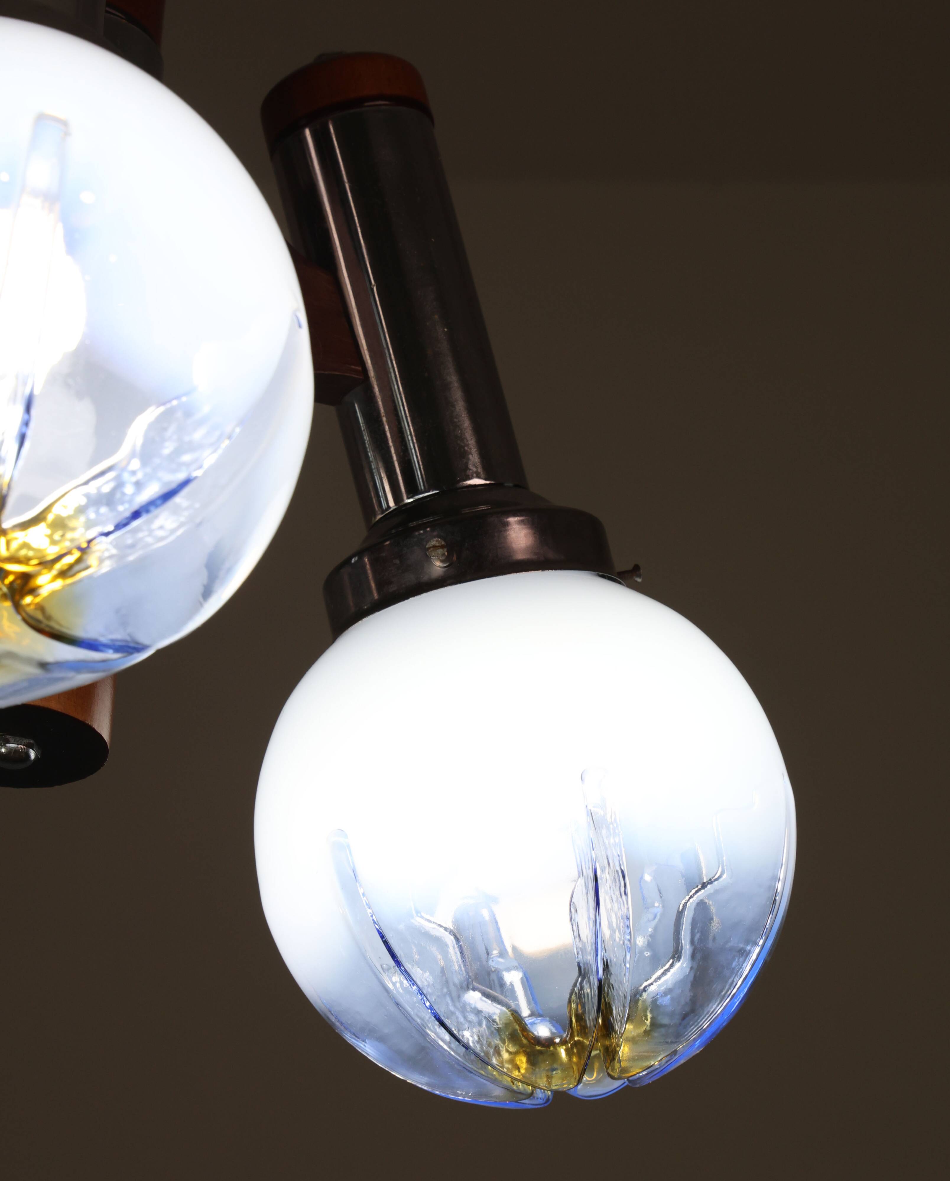 Chandelier en verre de Murano turquoise bleu à 3 lumières de style italien des années 50 par Mazzega