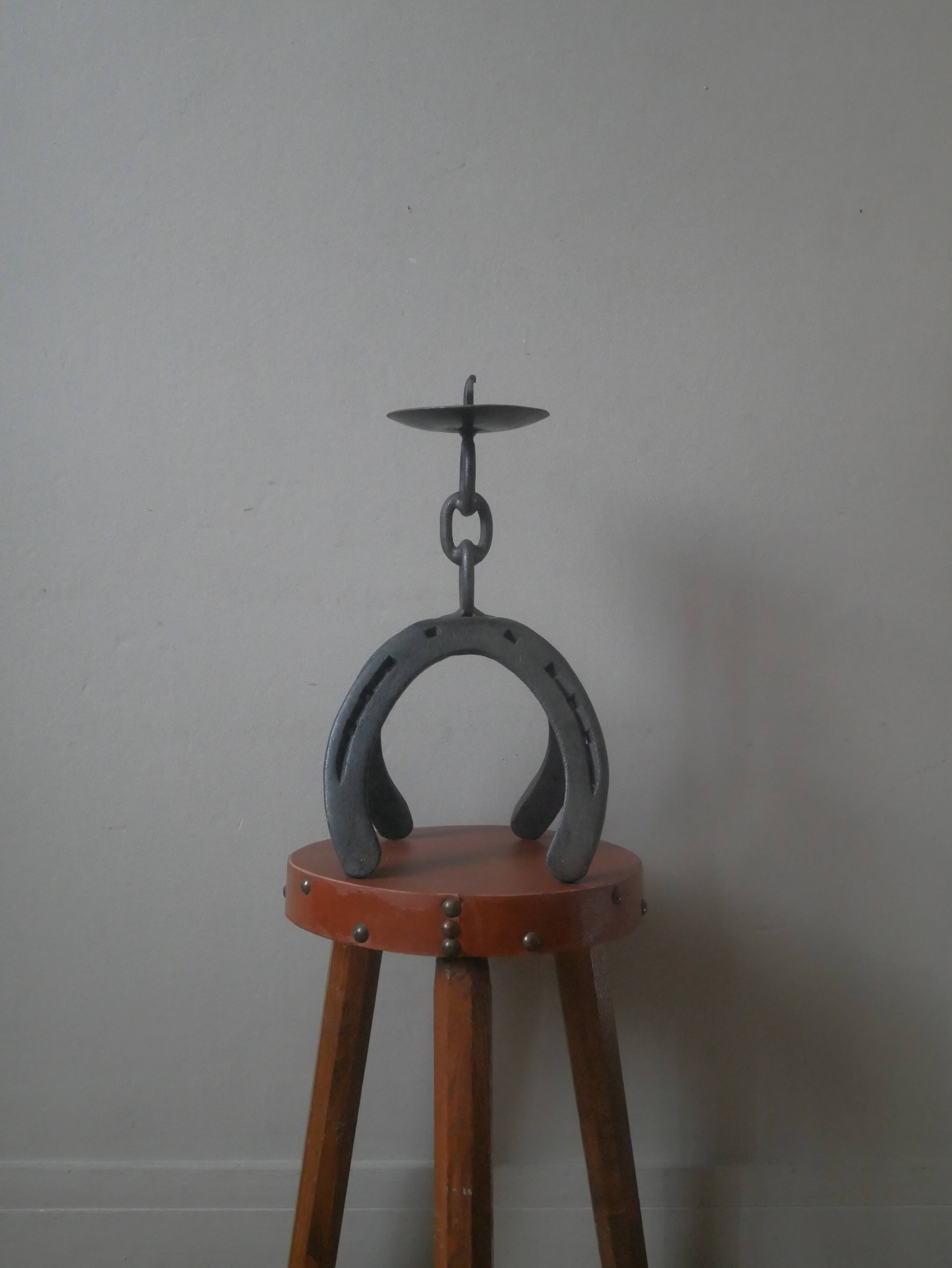 Iron candle holder folk art artisanal horseshoe brutalist decoration candlestick candelabra