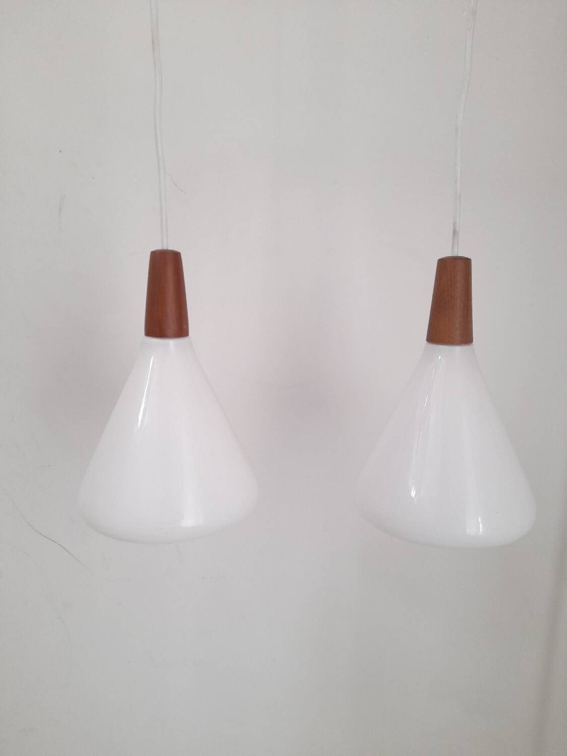Pair of opaline and teak pendant lights Nordlux