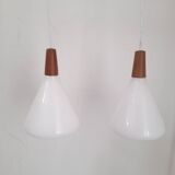Pair of opaline and teak pendant lights Nordlux