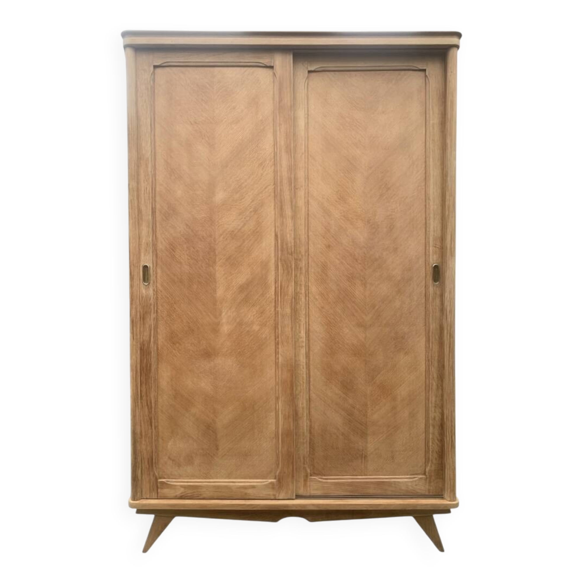 Vintage wardrobe with compass legs in raw wood, sliding doors, 1960s