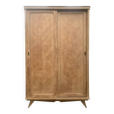 Vintage wardrobe with compass legs in raw wood, sliding doors, 1960s