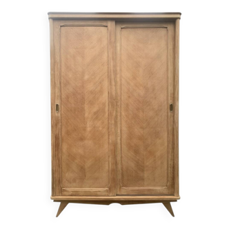 Vintage wardrobe with compass legs in raw wood, sliding doors, 1960s