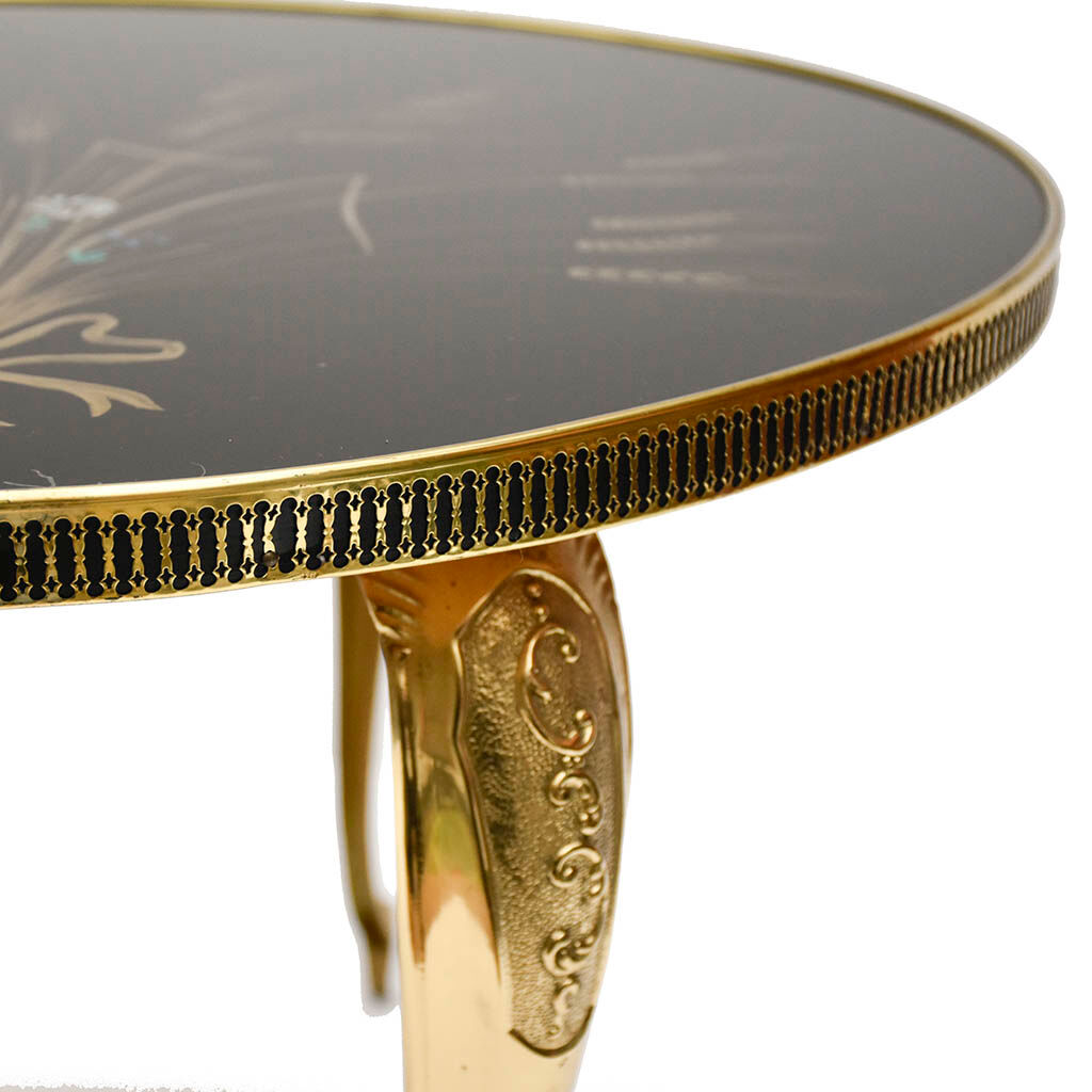 Round coffee table black glass floral brass structure D 60 cm vintage - Brocante Chic