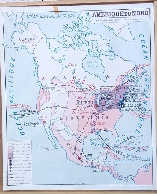 School poster wall map Rossignol Montmorillon South & North America