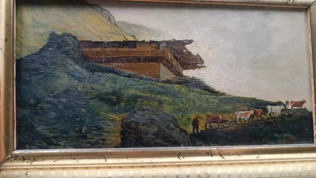 Old oil painting on cardboard mountain landscape late 19th century