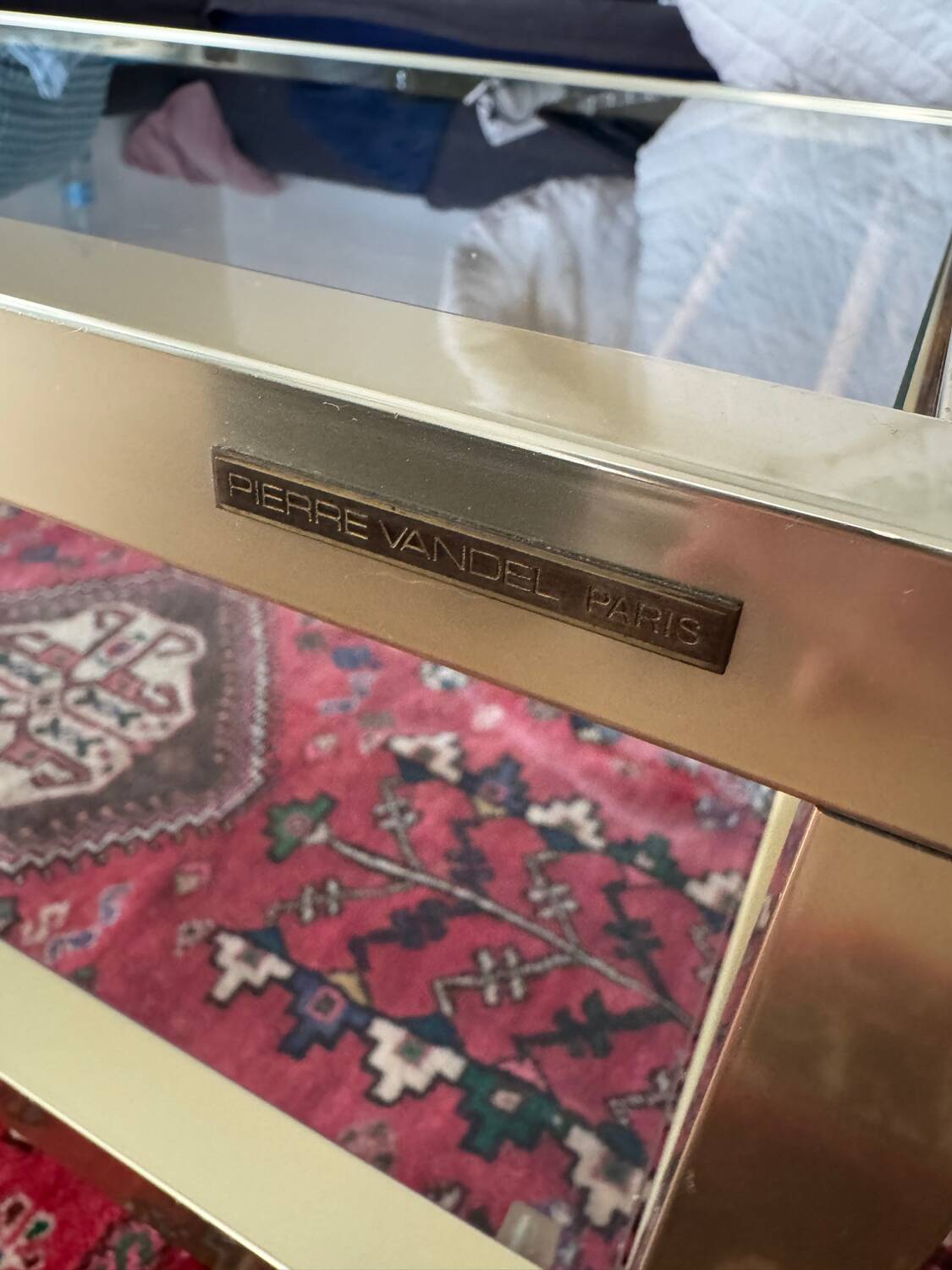 Pierre Vandel Paris 1970s vintage coffee table in brass and glass.