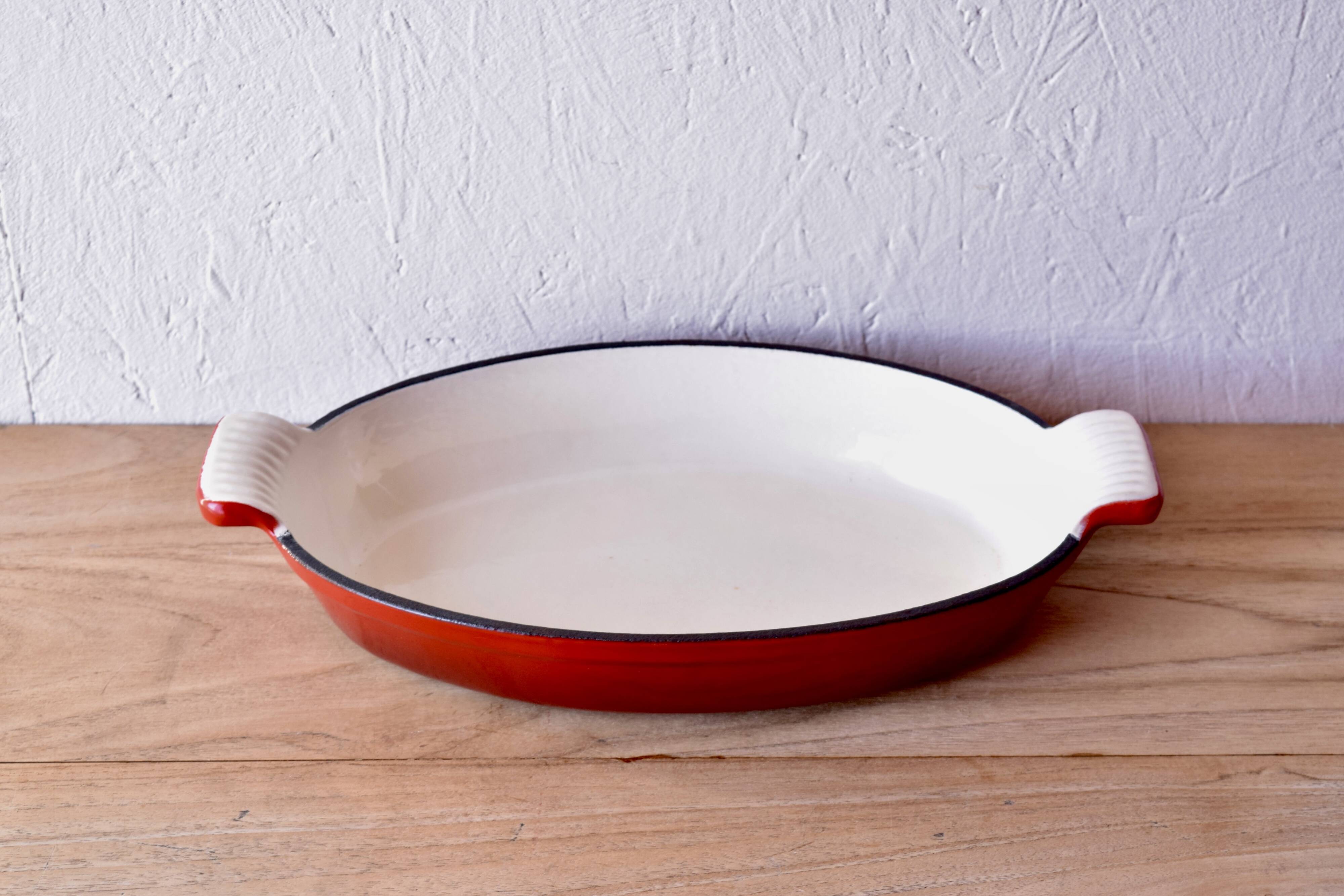 Red cast iron baking dish