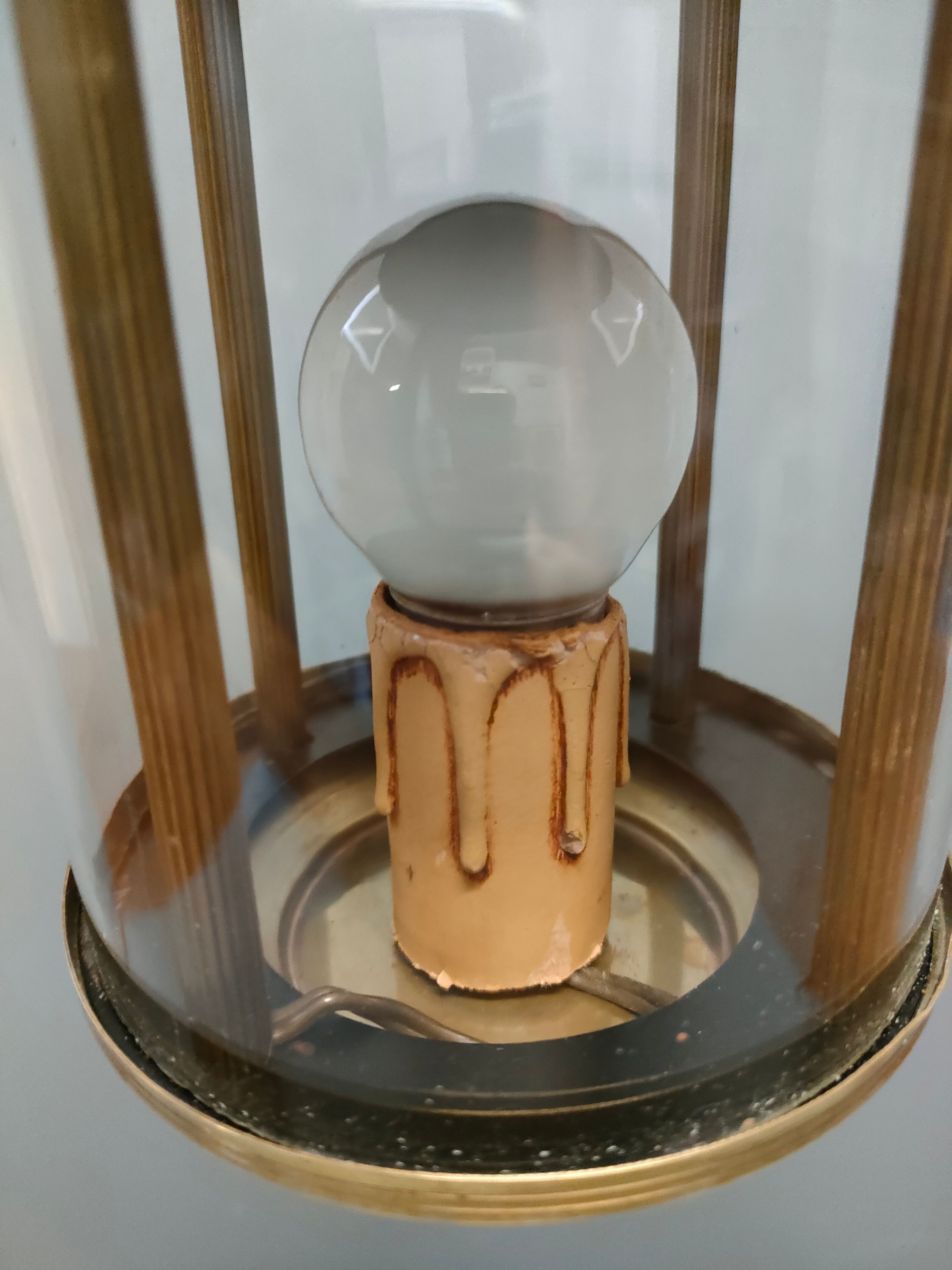 Lustre Lanterne-cage cylindre - Un feu - Années 1950/1960 - France - Laiton, Verre