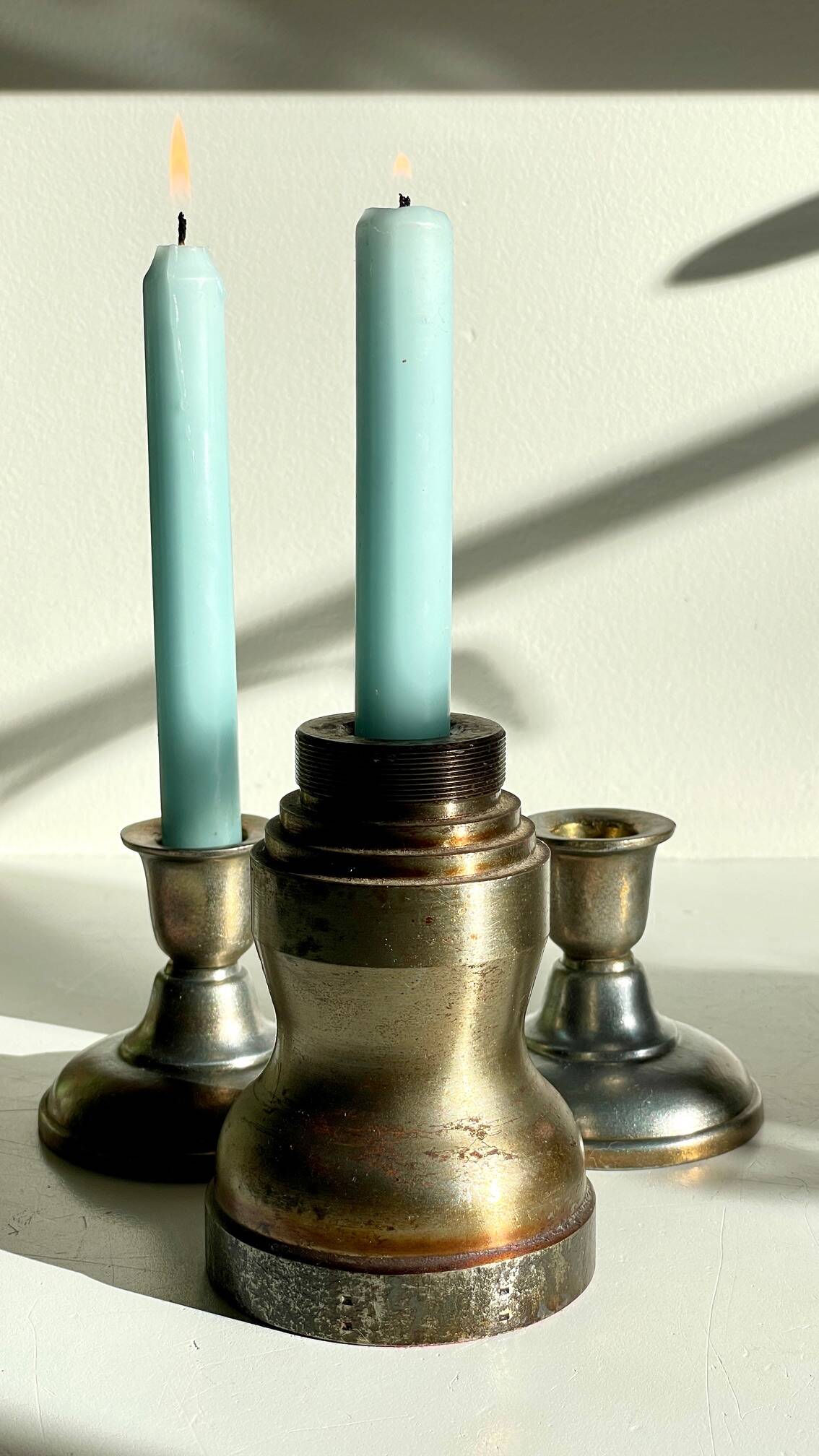 Industrial candle holders steel and silver bronze vintage