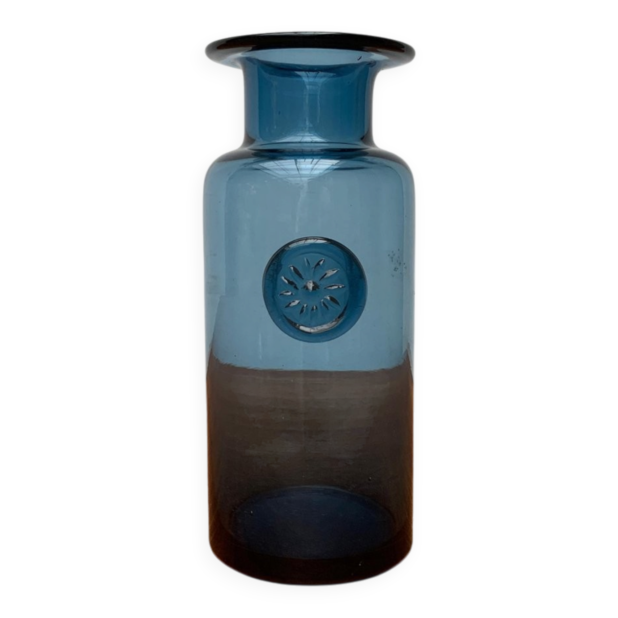 Vase en verre bleu vintage avec ornement de sceau