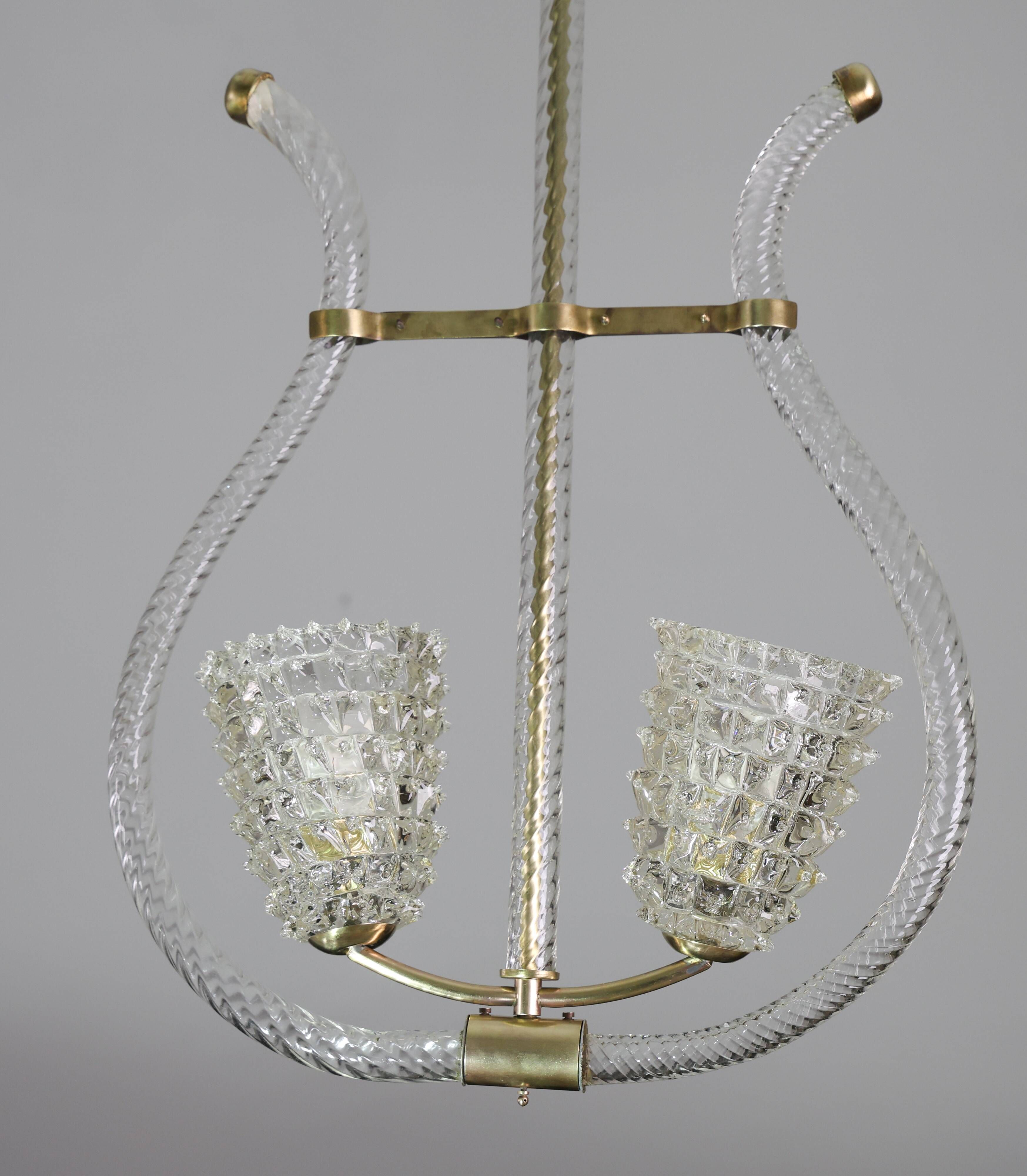 Amazing 2 Light Clear Rostrato Murano Glass Chandelier by Barovier & Toso,