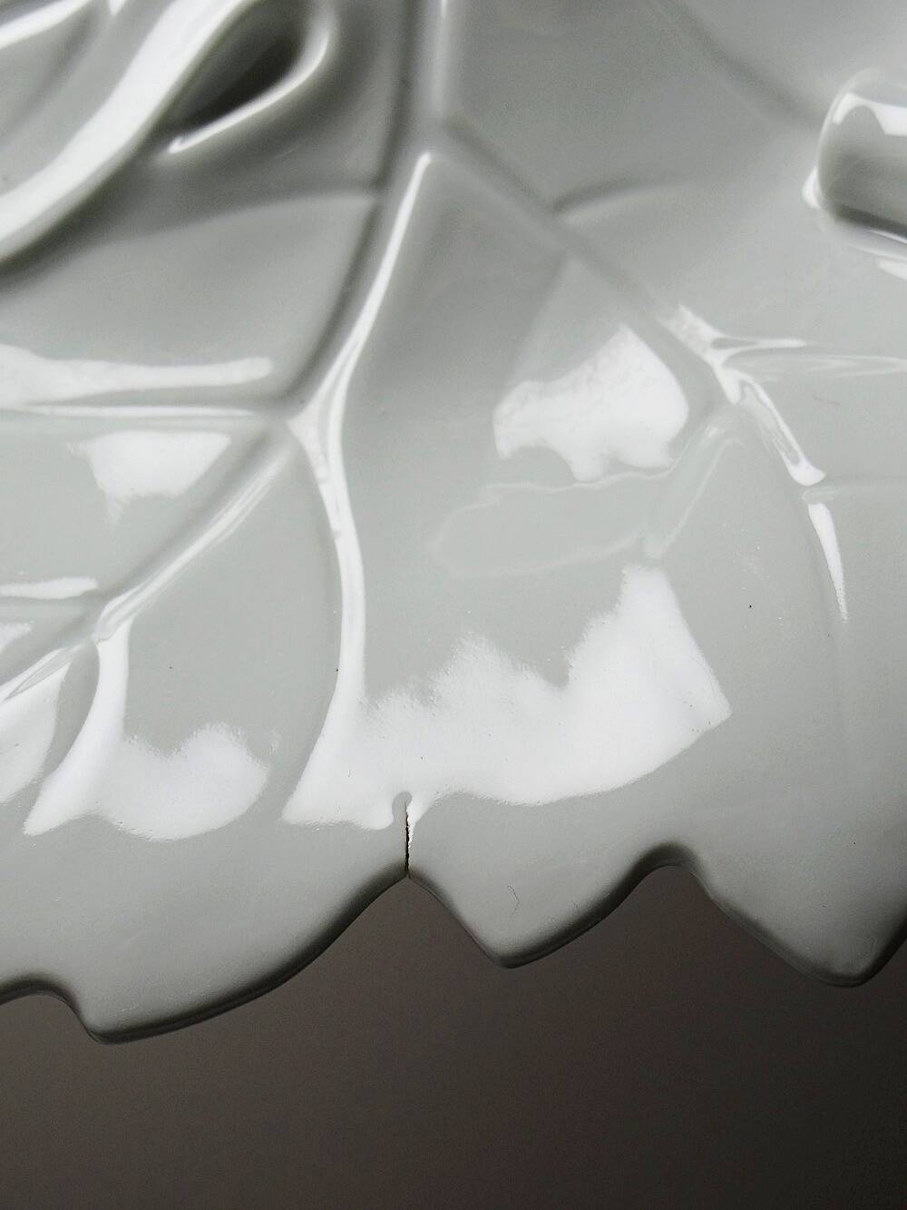 Celadon porcelain vine leaf dish by L. Michelaud, Limoges, 1930-50.