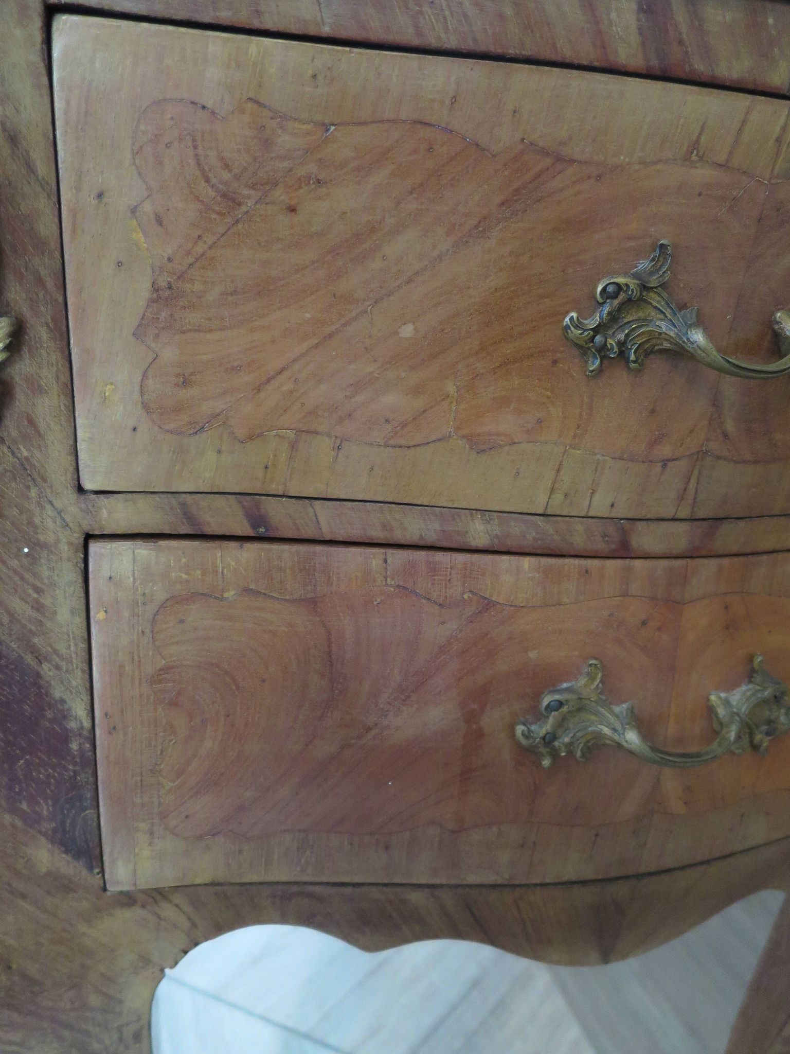Paire de 2 chevets-louis xv-marqueterie-2 tiroirs-marbre rose