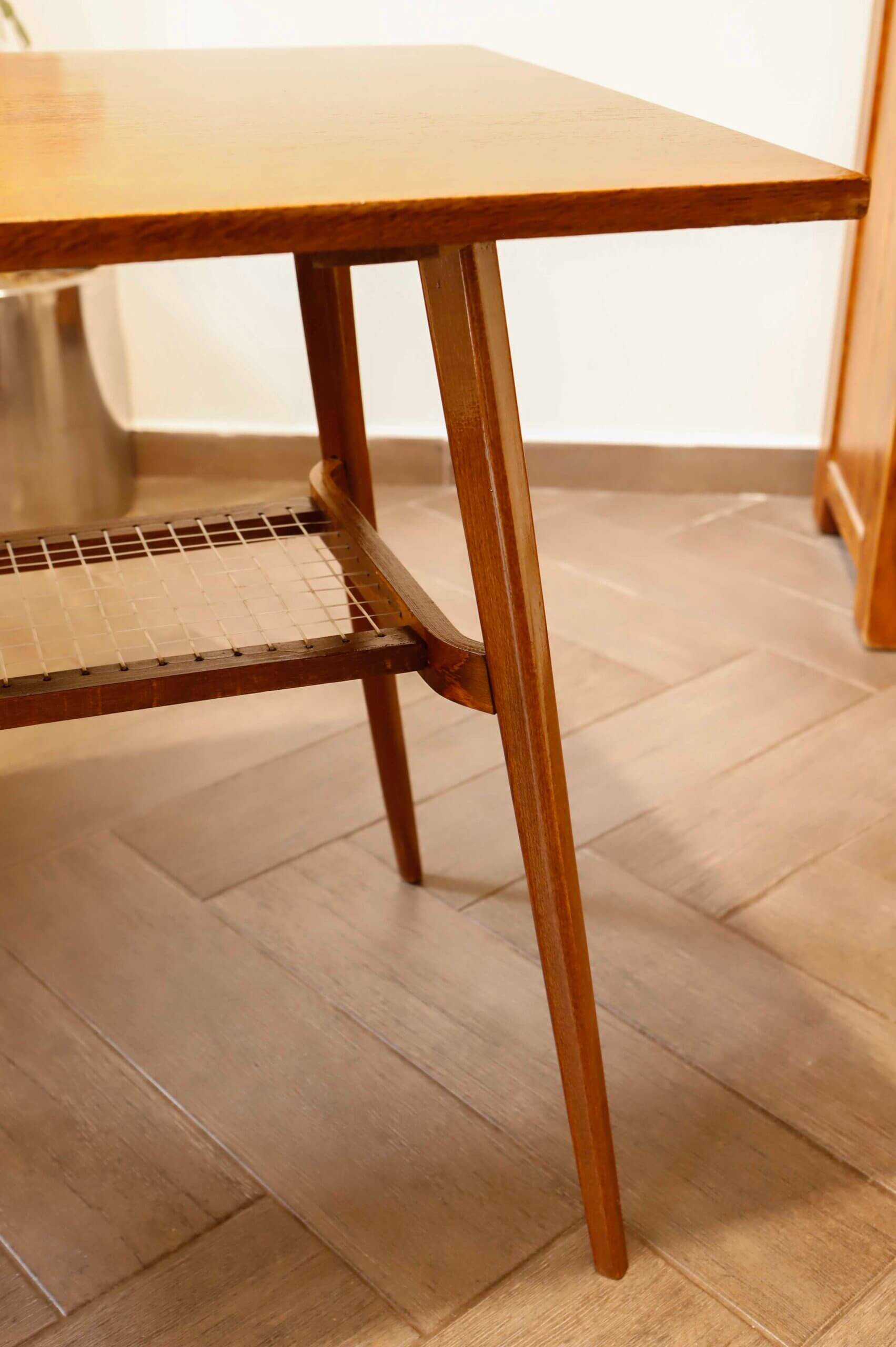 Brussels style retro table with woven shelf – Dřevopodnik Holešov, 1960s