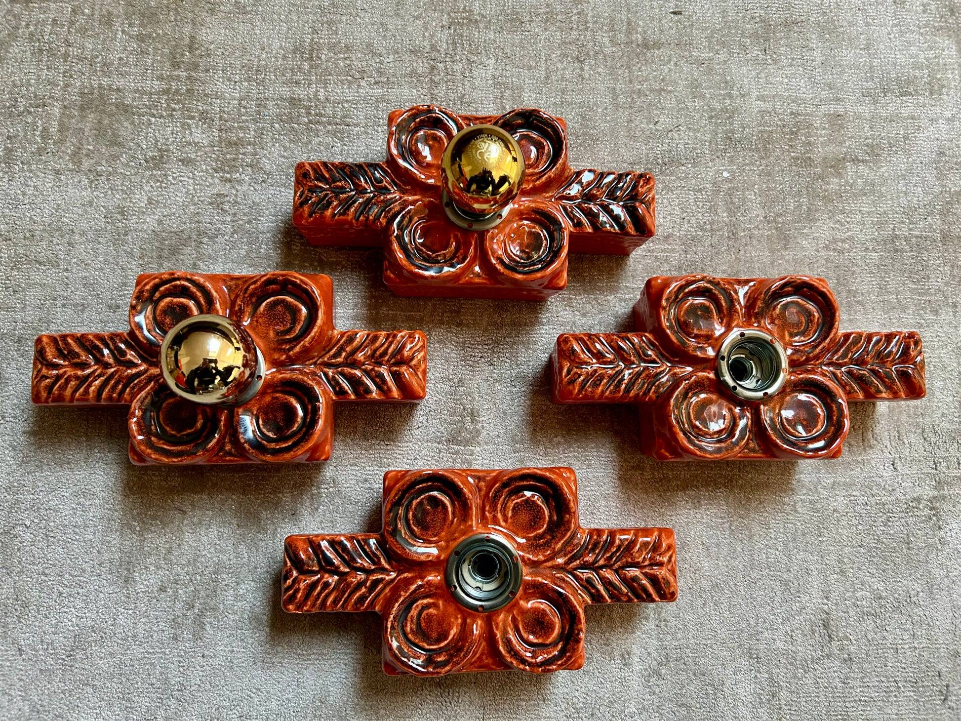 Set of 4 wall sconces in ceramic by Traudl Brunnquell, model 4320, West Germany, 1970s, Fat Lava.