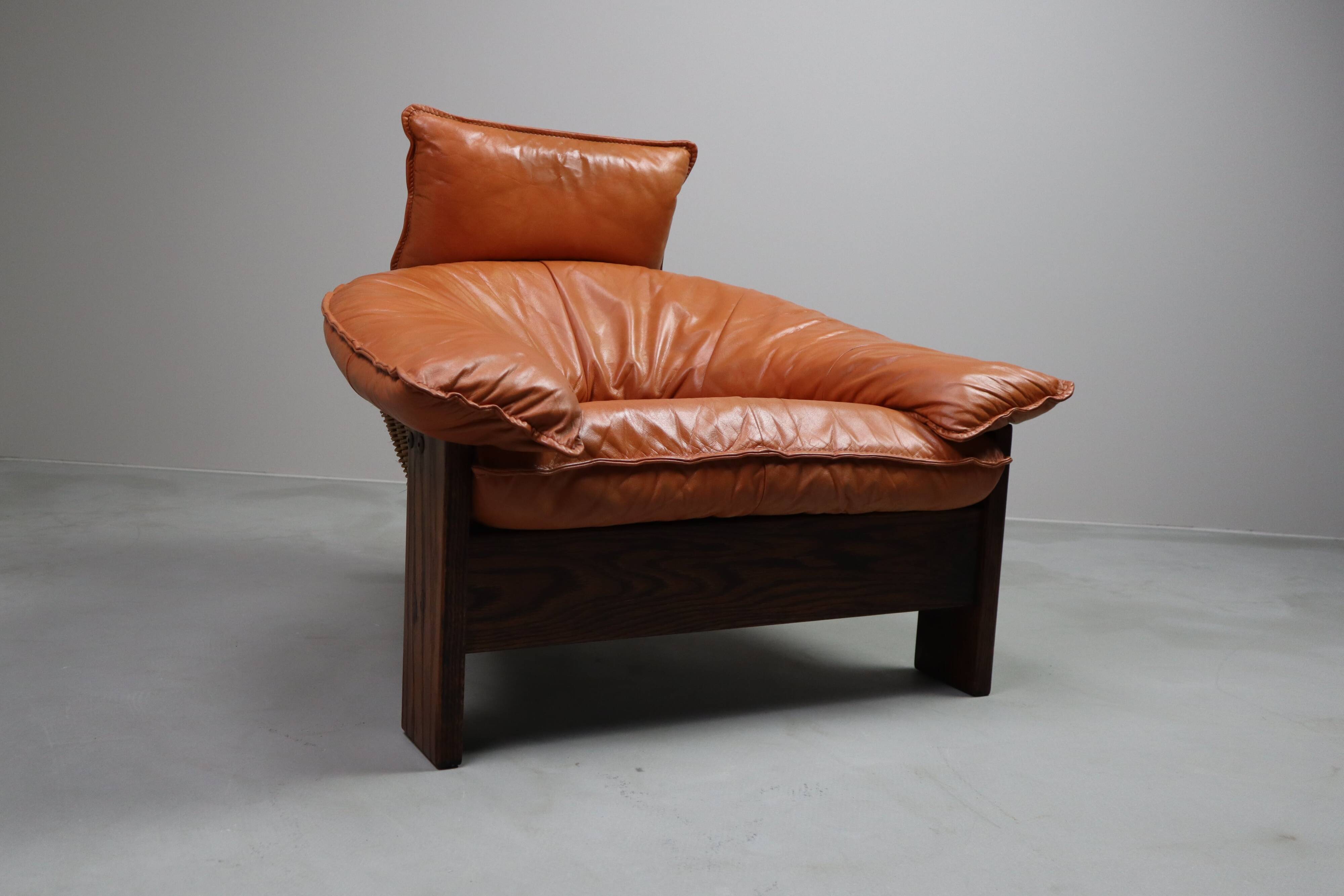 Vintage tripod lounge chair in leather, rattan and oak, Netherlands