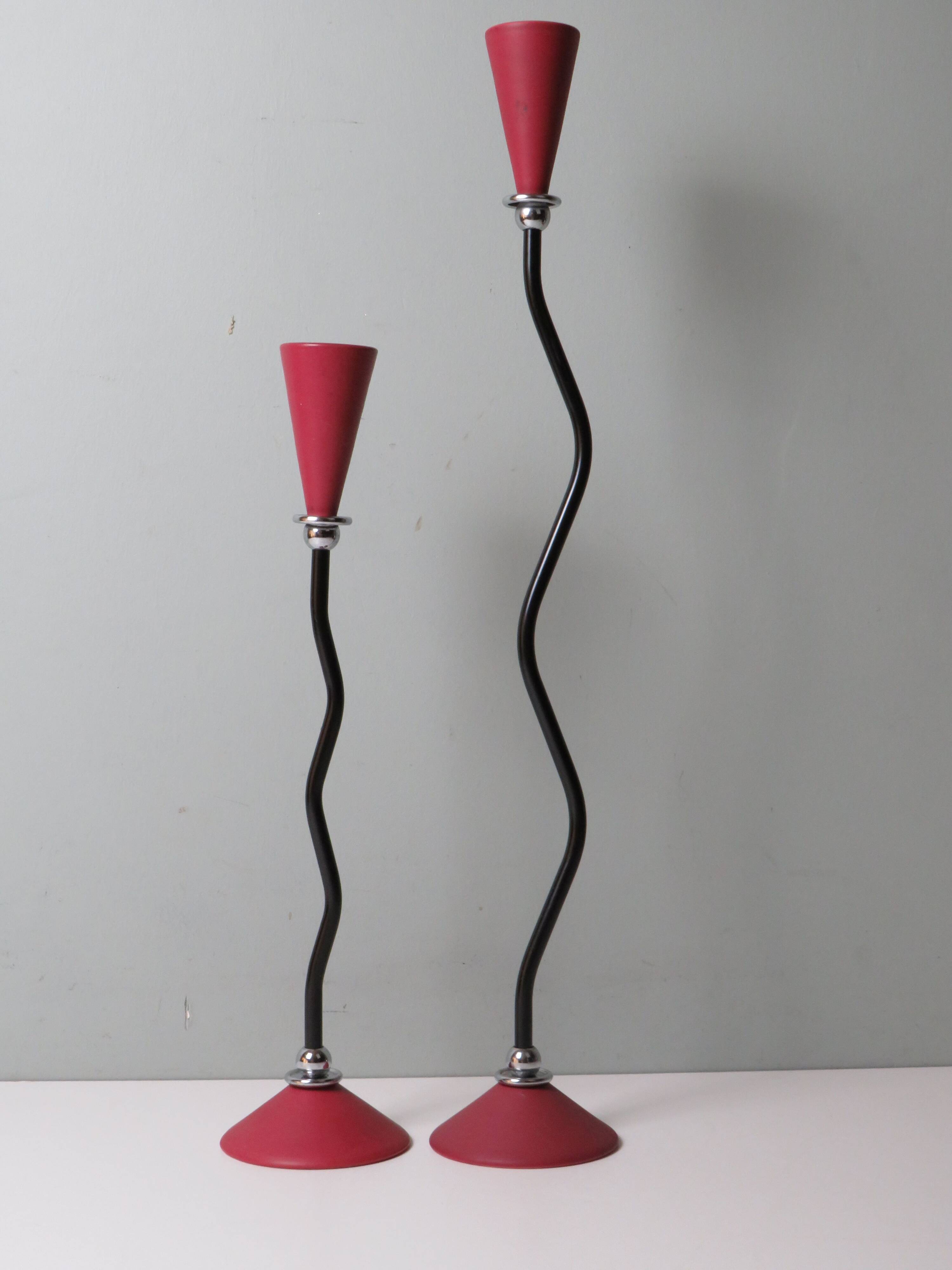 Pair of candlesticks, ceramic, metal and chrome, 1980s