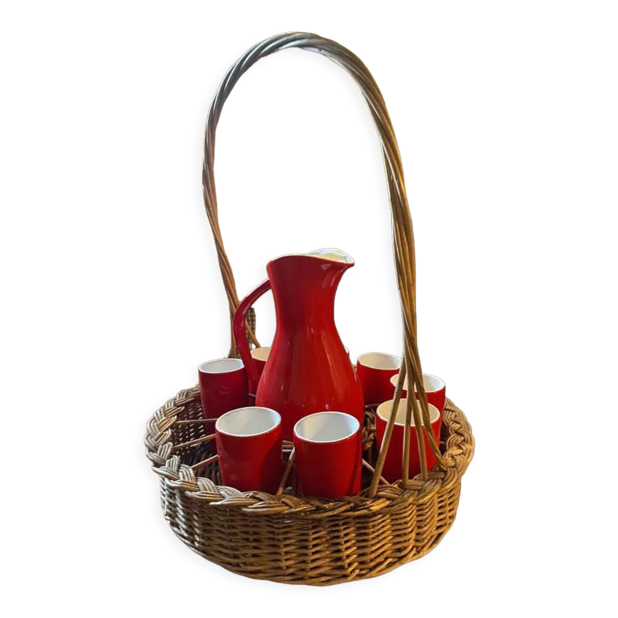 Pitcher service and 8 orangeade glasses 60s ceramic Salins