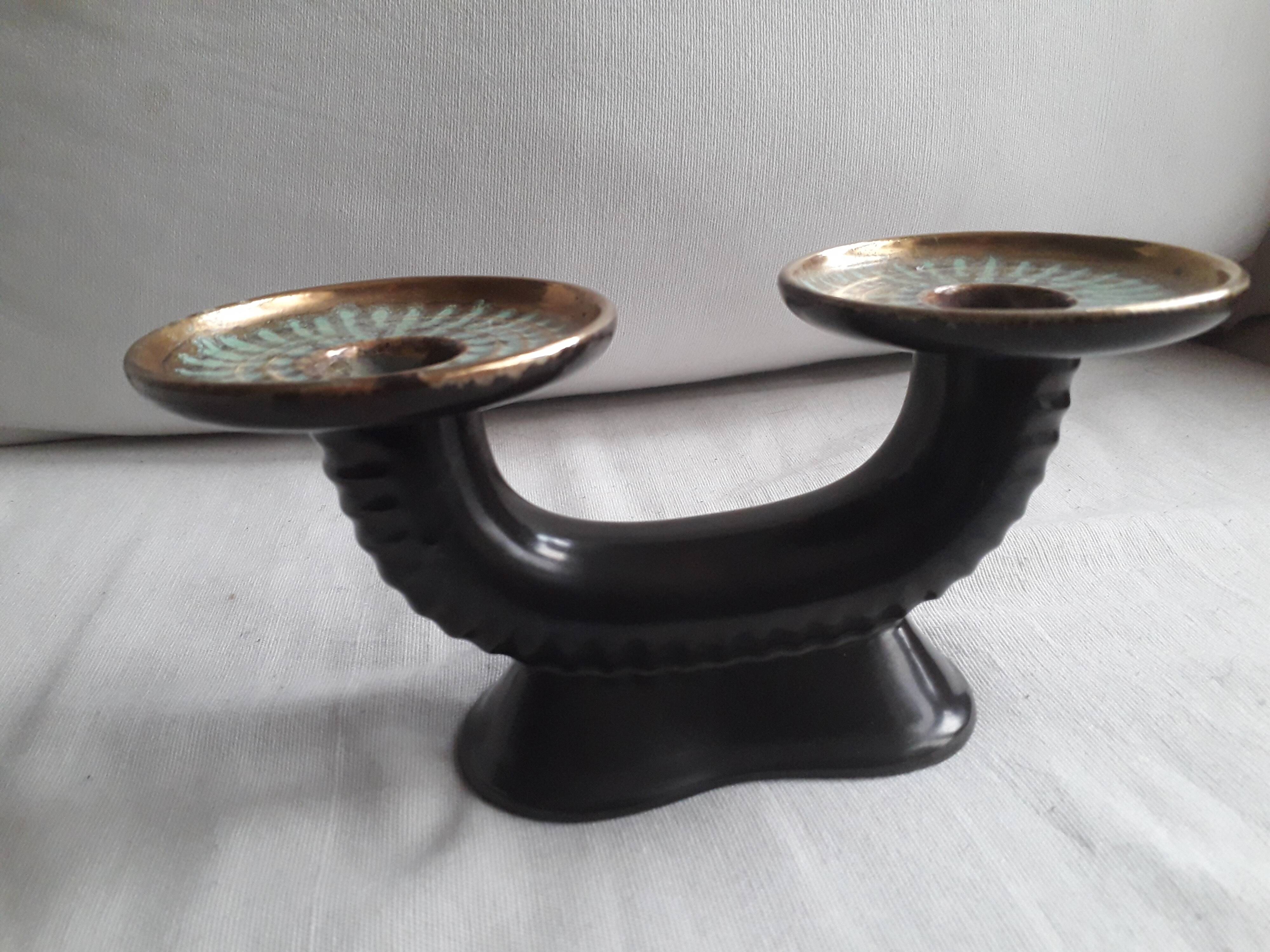 Vintage candle holder with 2 branches in Vallauris ceramic