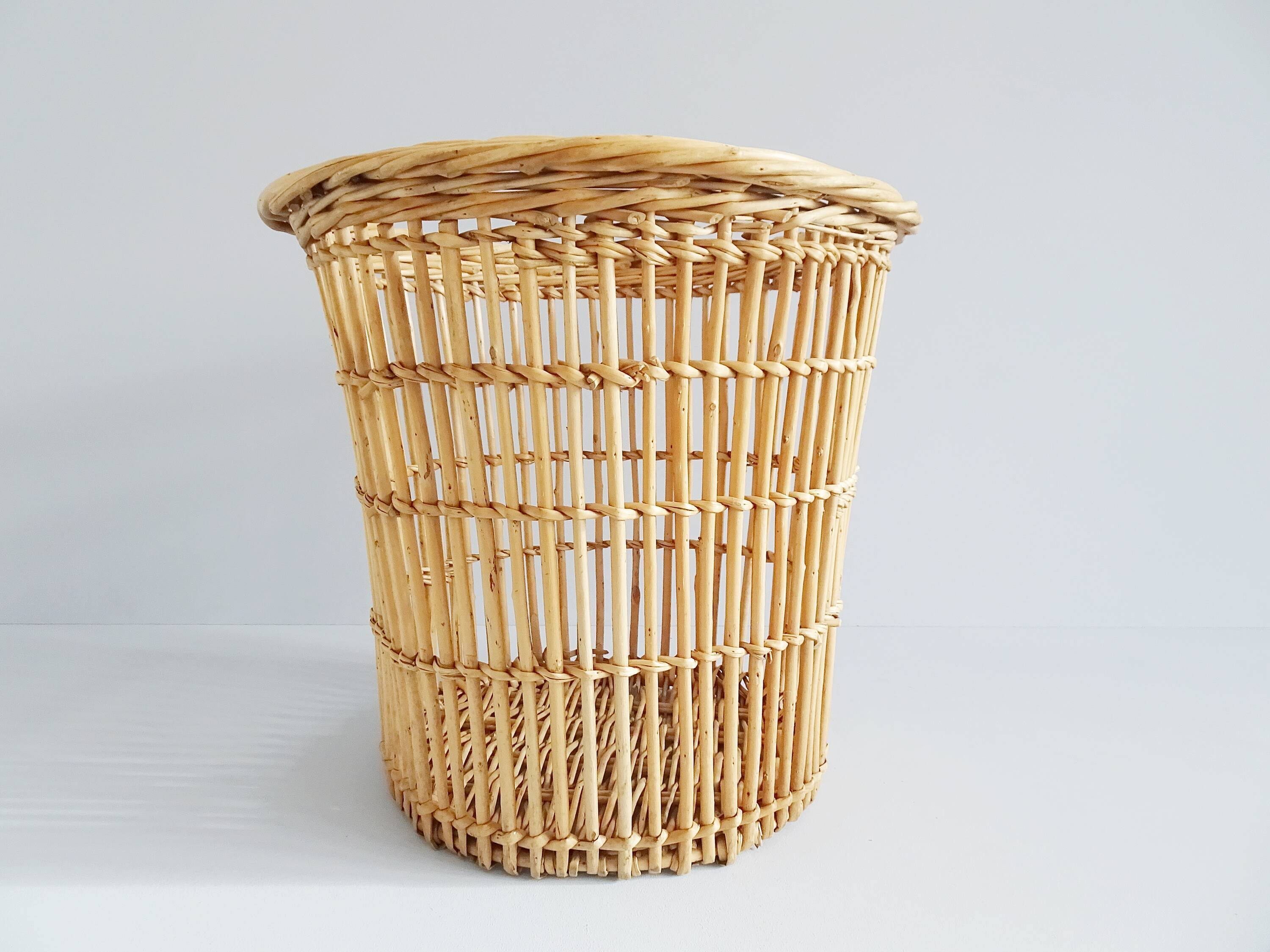 big rattan wastebasket, wicker basket, bamboo basket