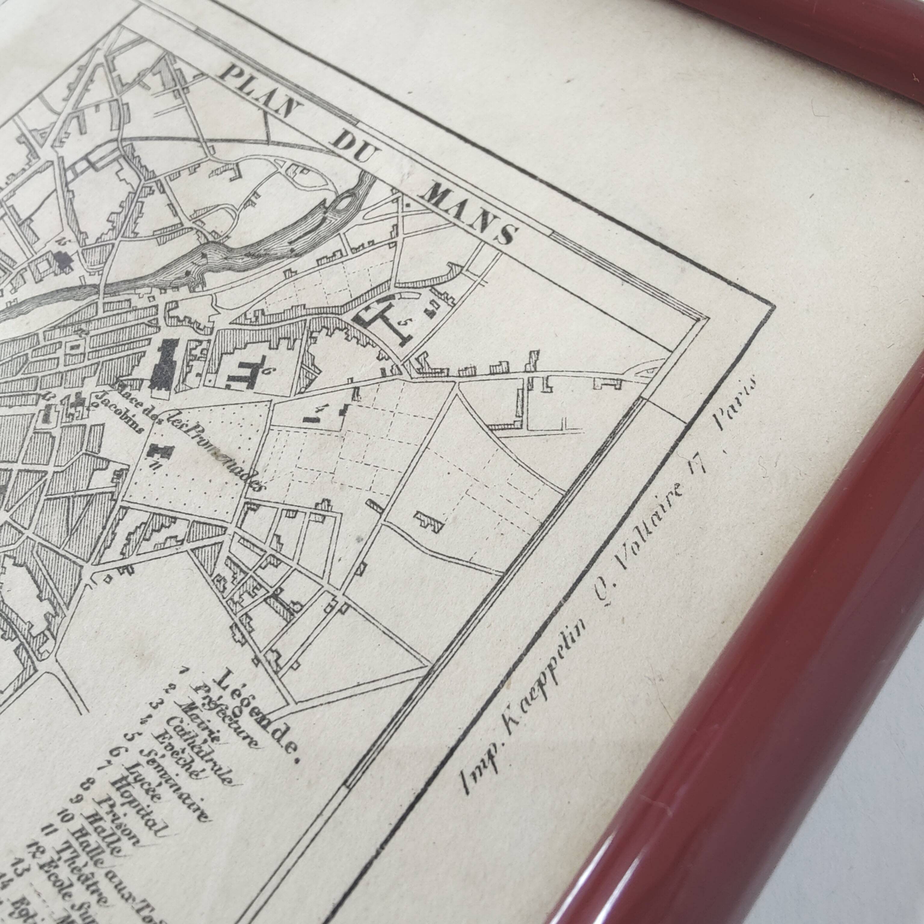 Engraved map of Sarthe wooden frame old plan of Le Mans