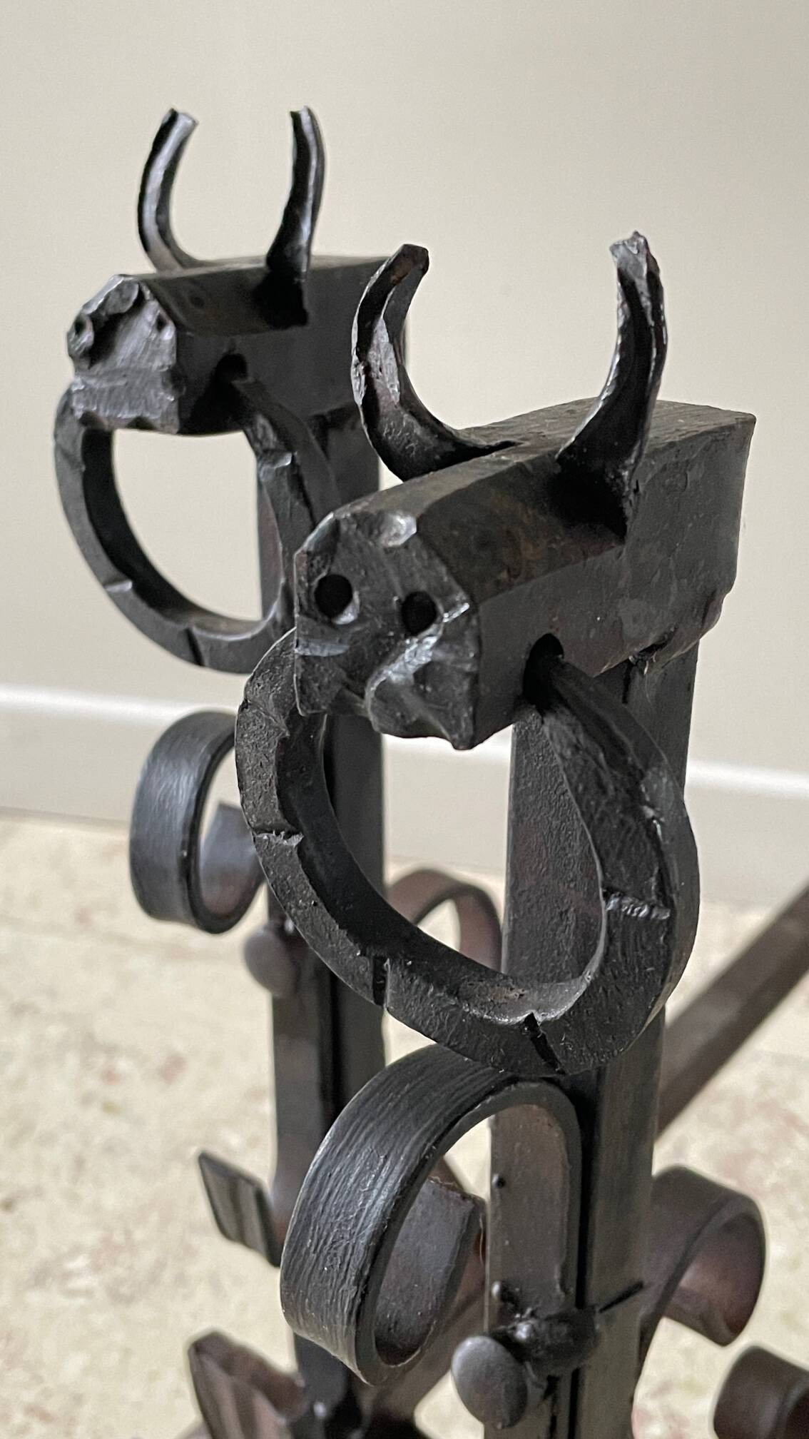 Pair of vintage steel brutalist andirons