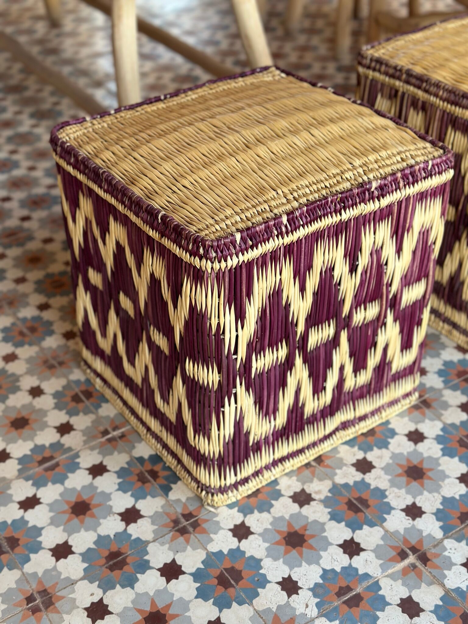 Set of two pouf seat cube rattan wicker graphic ikat red burgundy purple magenta