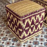 Set of two pouf seat cube rattan wicker graphic ikat red burgundy purple magenta