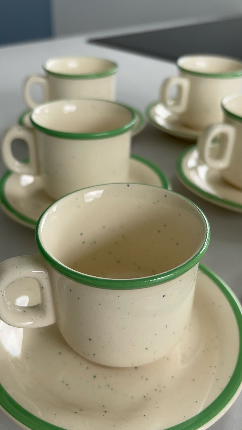 Set of 6 vintage speckled beige and green espresso cups – coffee service