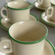 Set of 6 vintage speckled beige and green espresso cups – coffee service