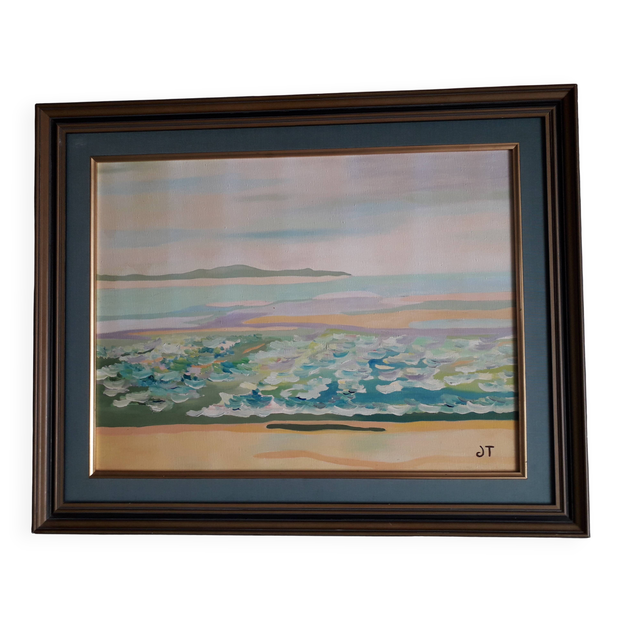 Antique oil painting depicting a seaside scene