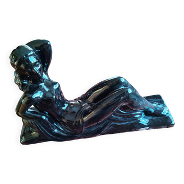 Sculpture femme nue allongée Art Déco — C. Delaney / St Clément (Émail noir