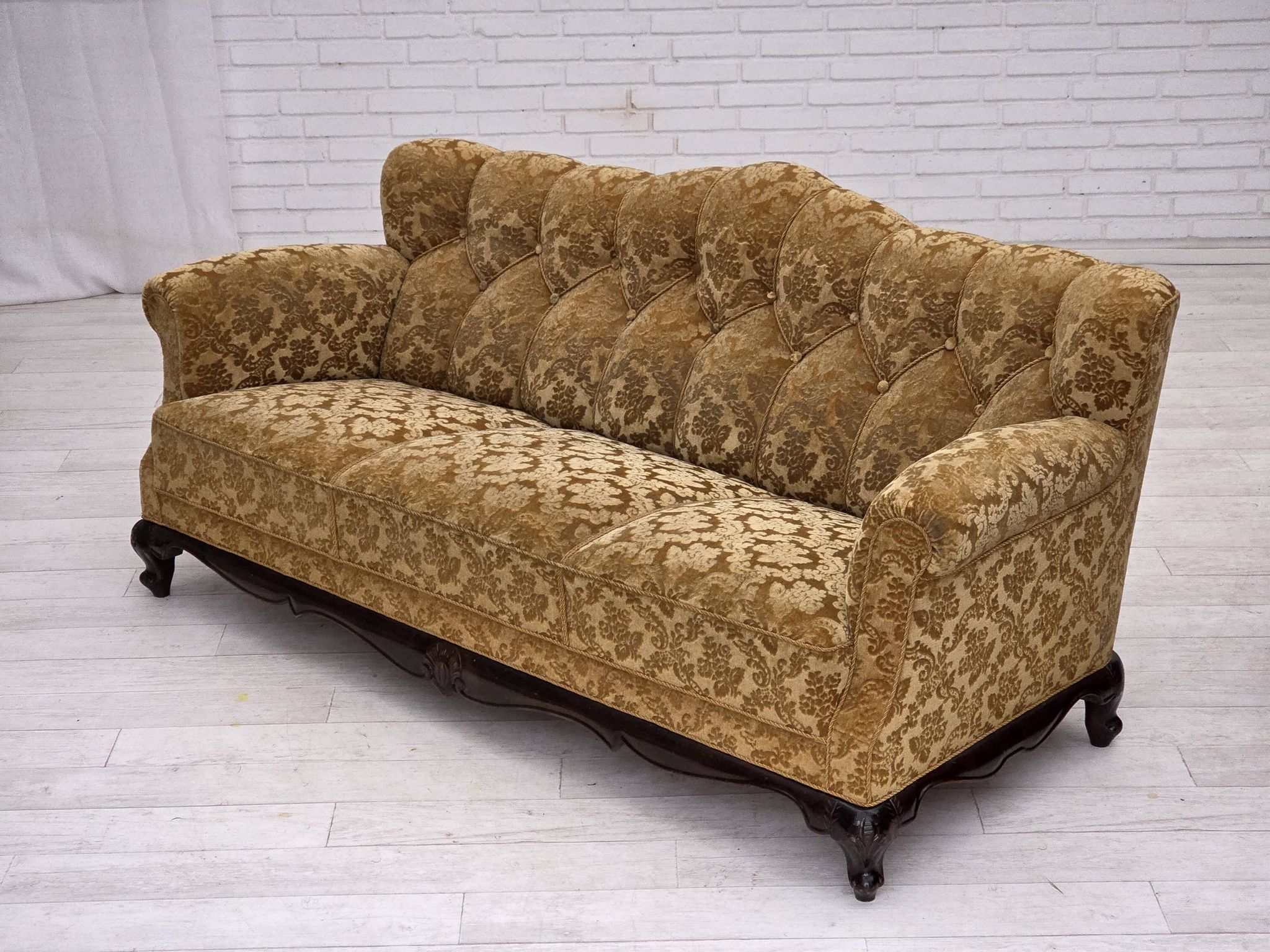 1950s, Danish 3-seater sofa, furniture velour, carved oak wood.