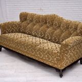 1950s, Danish 3-seater sofa, furniture velour, carved oak wood.