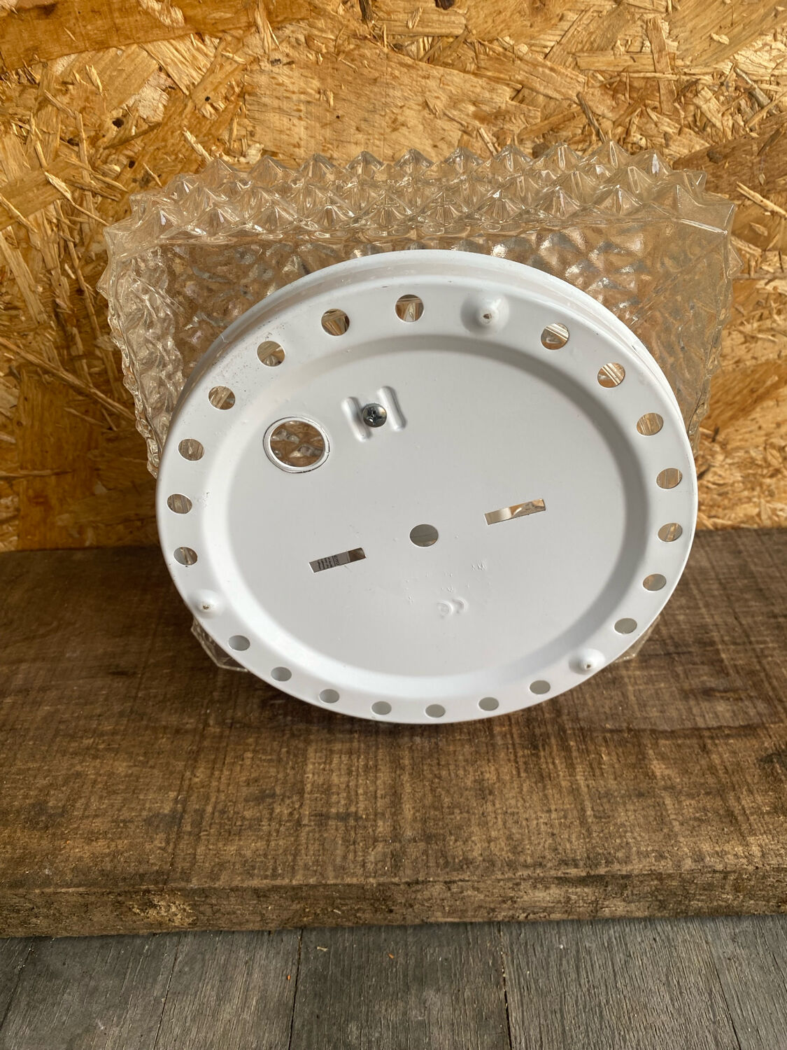 Square Ceiling Light Fixture, Vintage Moulded Glass + White Metal Support #