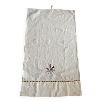Lavender embroidered linen tea towel