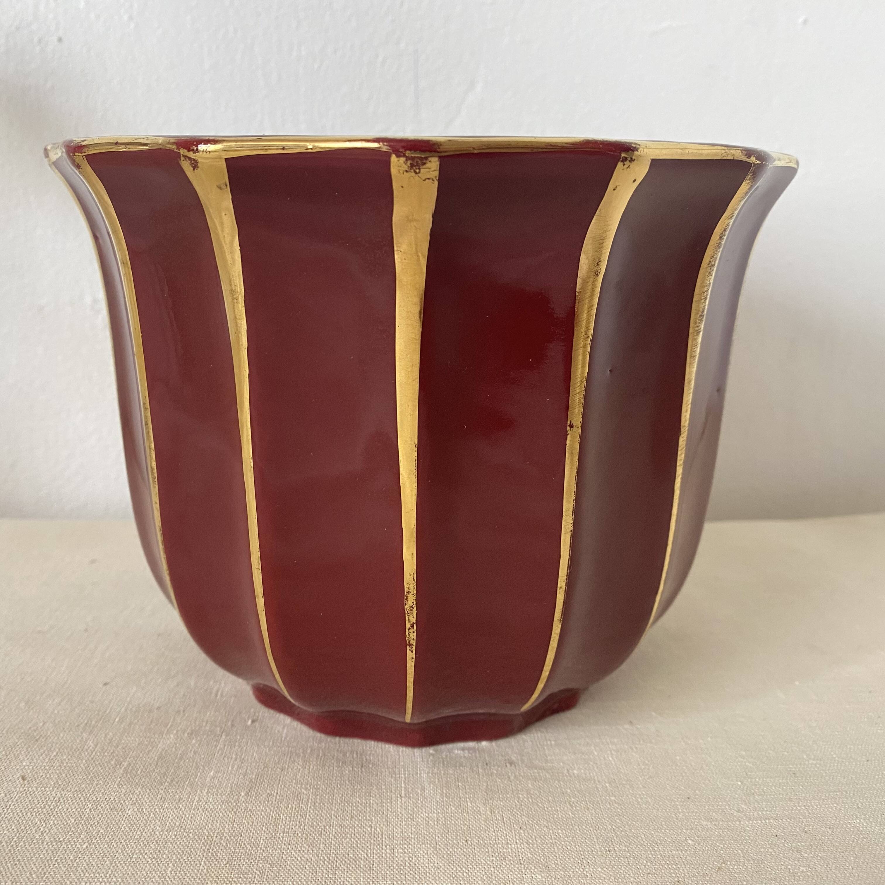 Antique burgundy and gold ceramic flowerpot